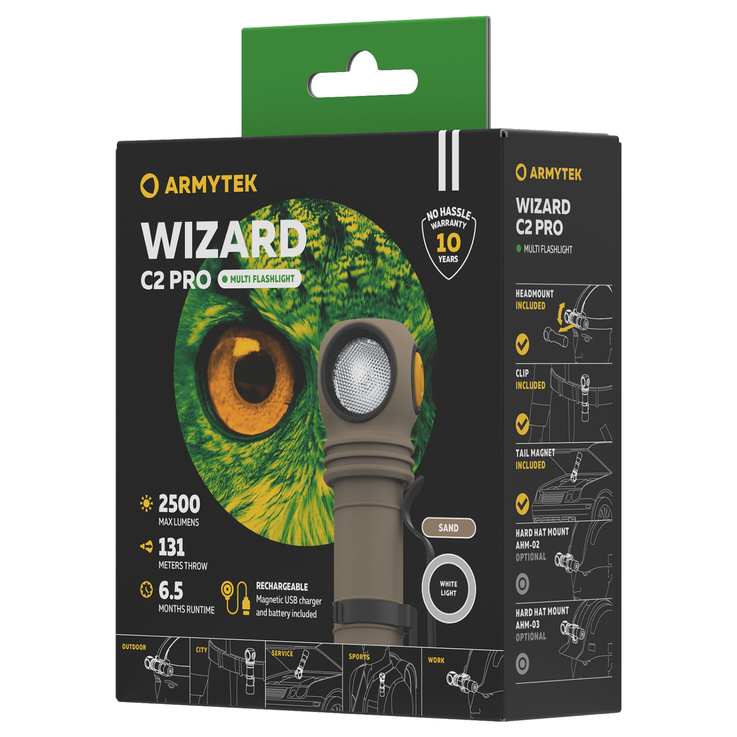Armytek Wizard C2 Pro Magnet USB White Sand head and angle flashlight - 2500 lumens