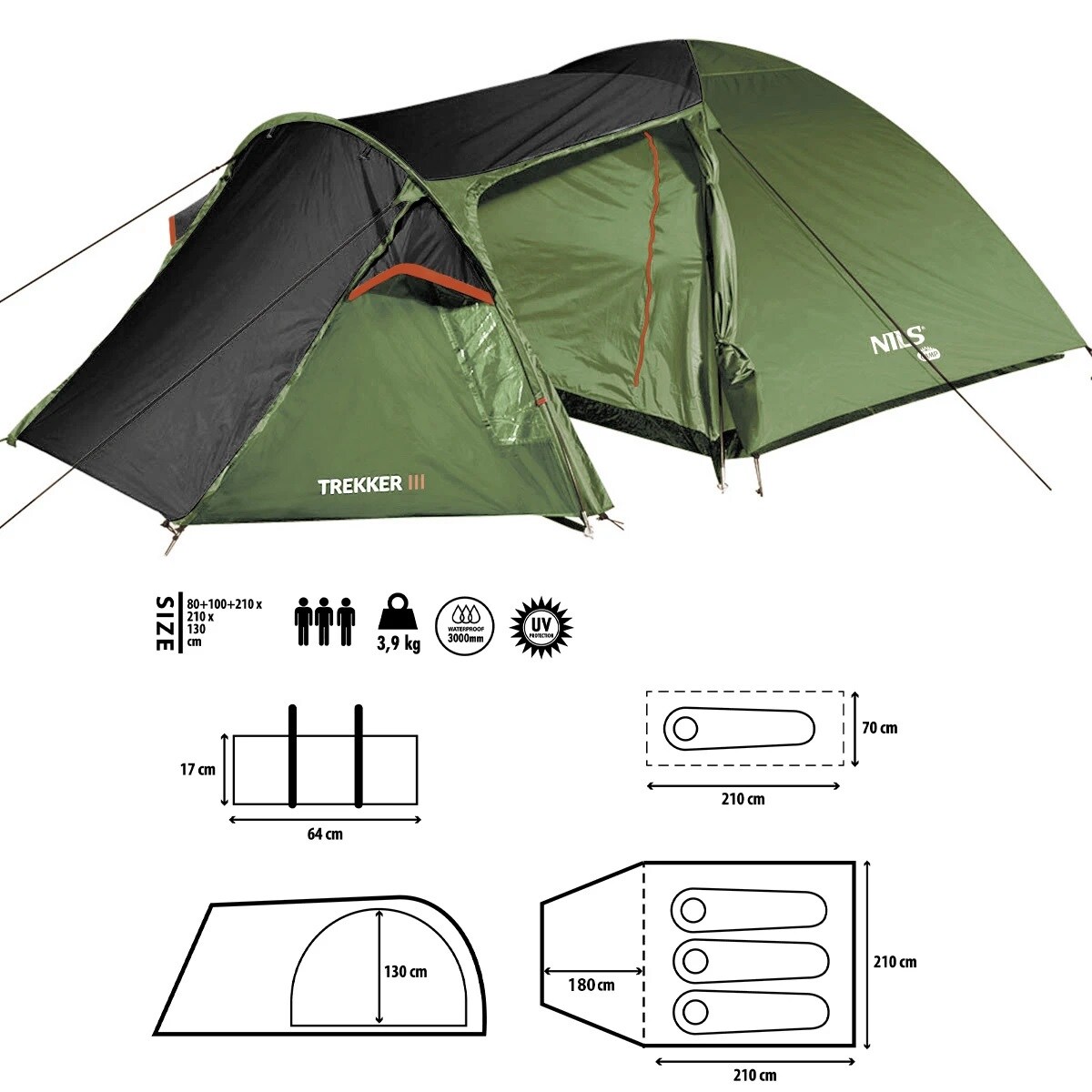 Nils Camp Trekker III NC6312 3-Person Tent - Black and Green
