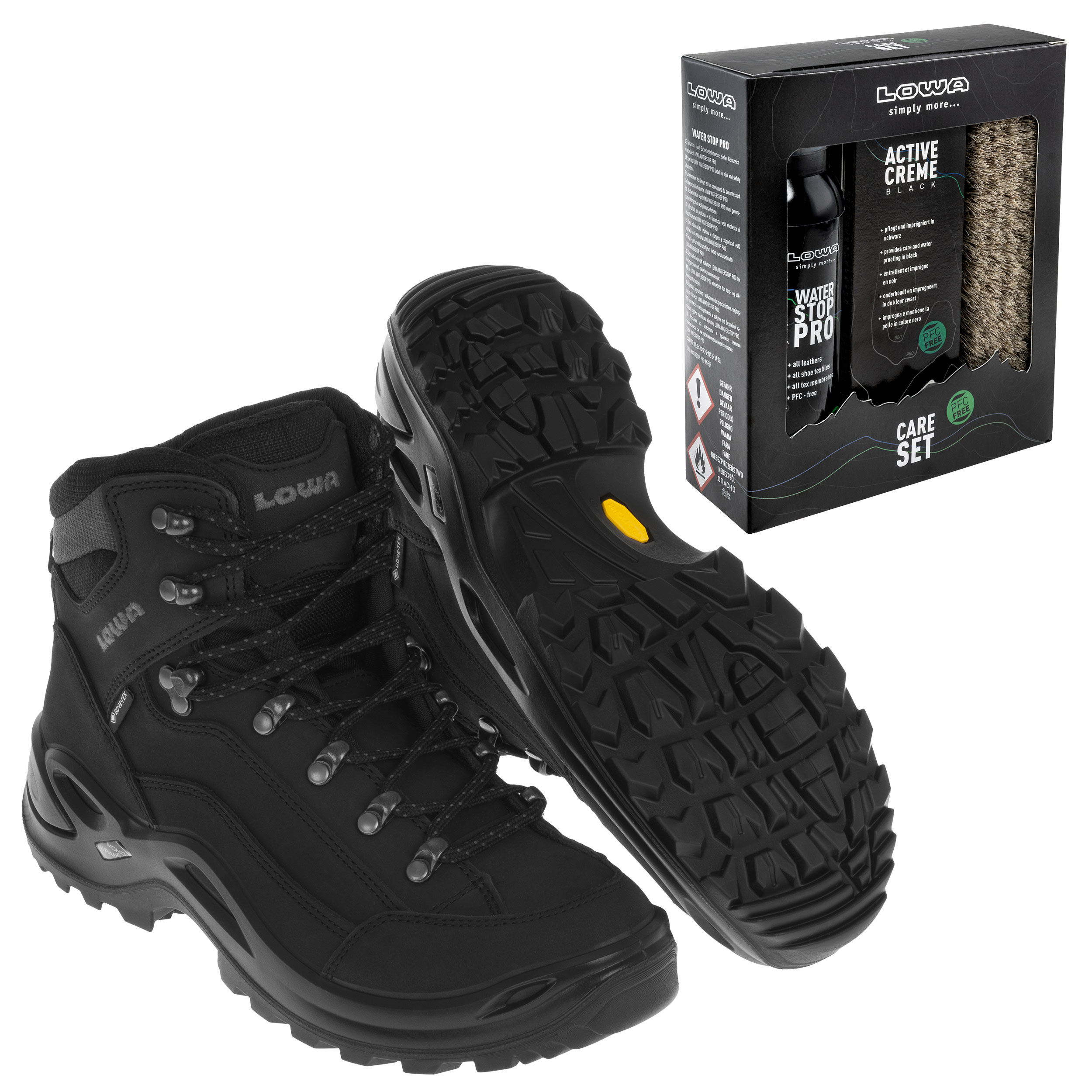 Lowa Renegade GTX MID Women's Boots - Deep Black + Lowa Care Set for footwear cleaning - set