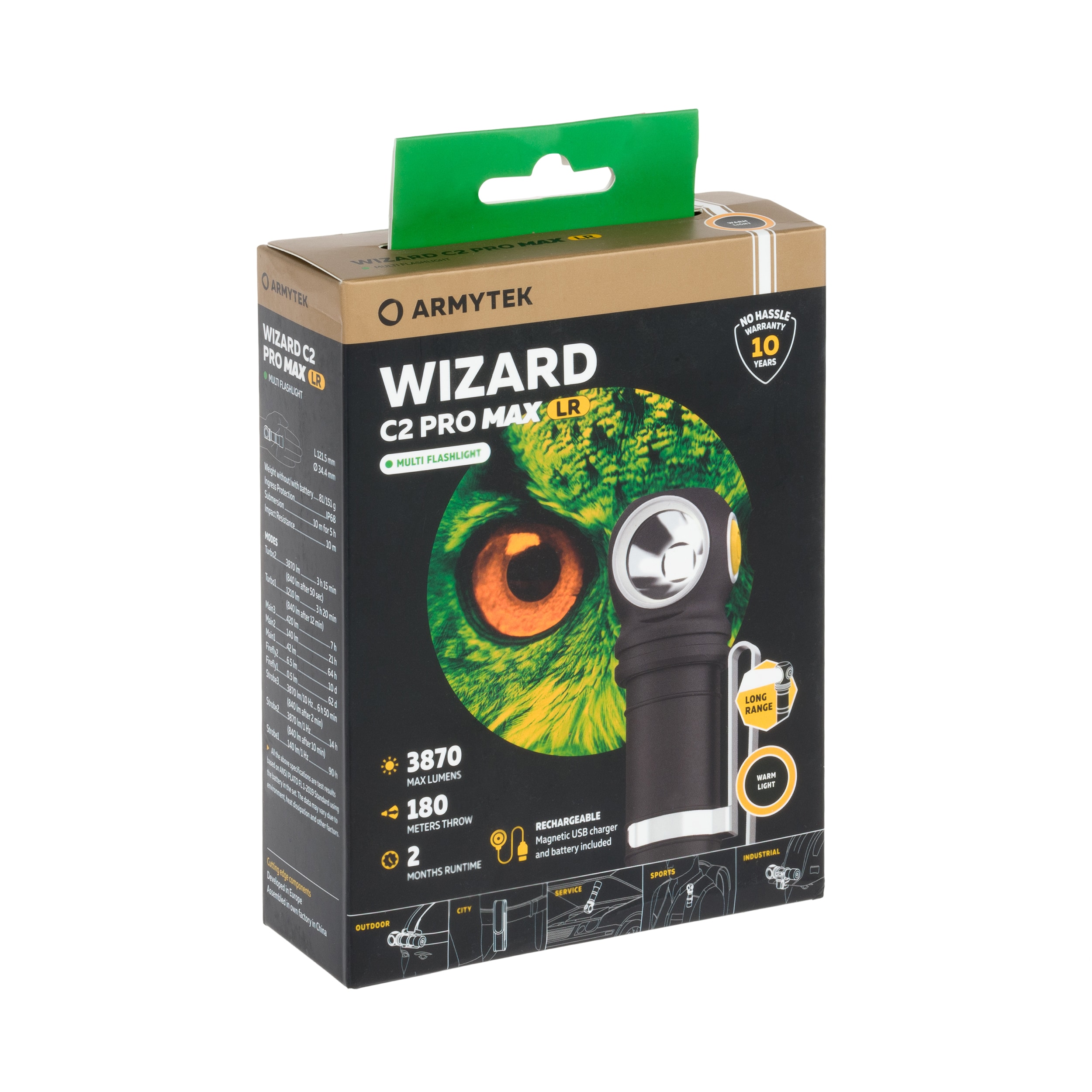 Armytek Wizard C2 Pro MAX LR Warm PCB Angled Flashlight and Headlamp - 3870 lumens