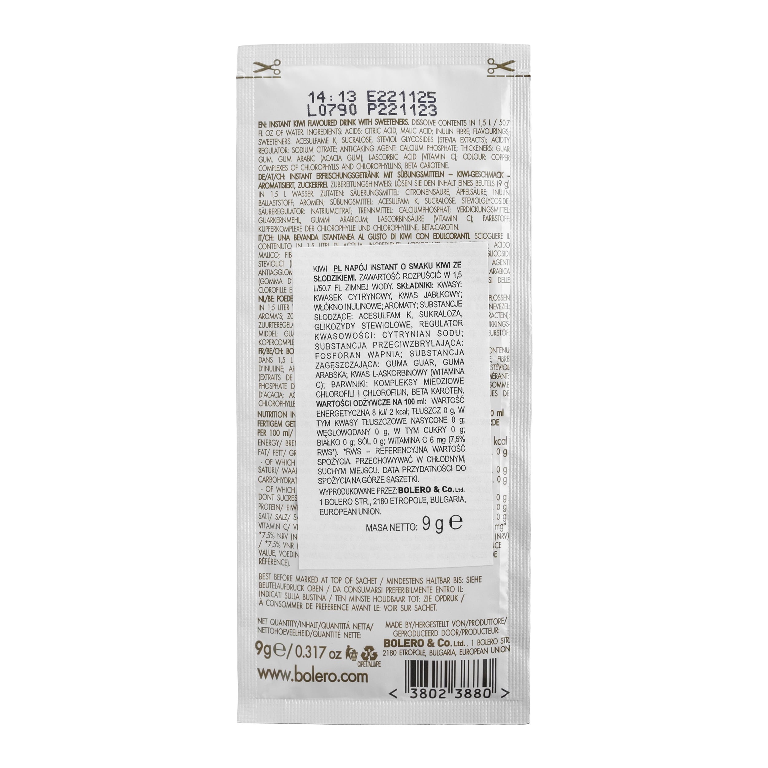 Bevanda in polvere Bolero Kiwi con stevia 9 g - 12 pezzi