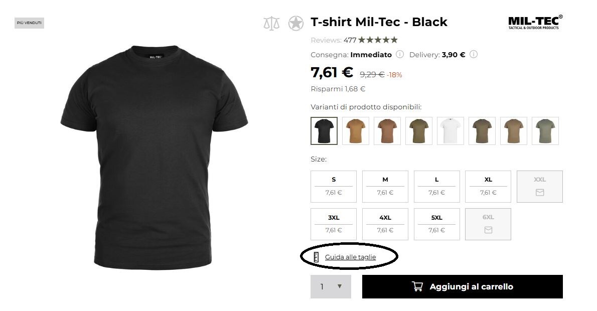 Tabella delle taglie nella scheda prodotto