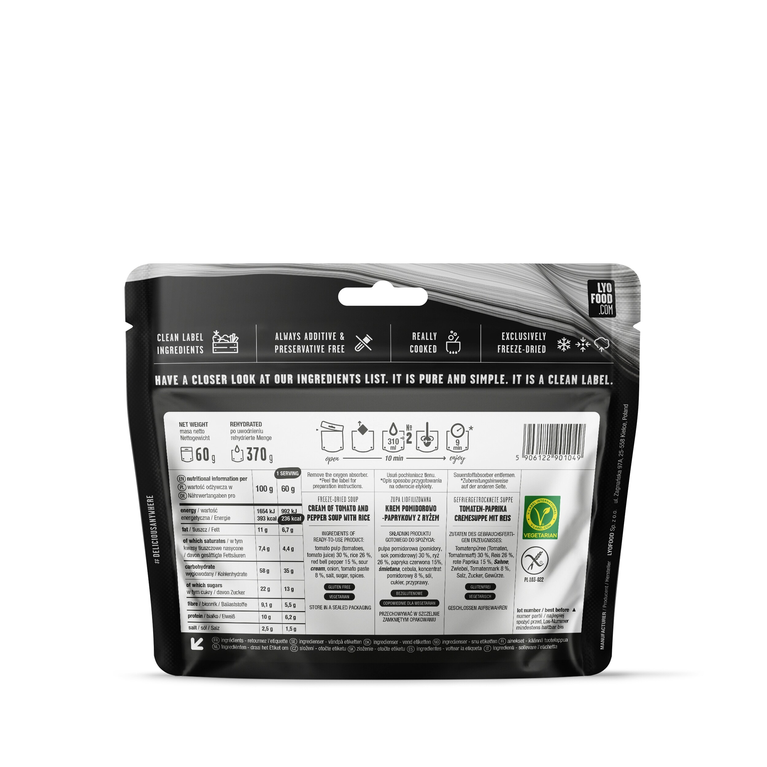 Alimente liofilizate LYOFOOD Supă - cremă de roșii și piper cu orez 370g