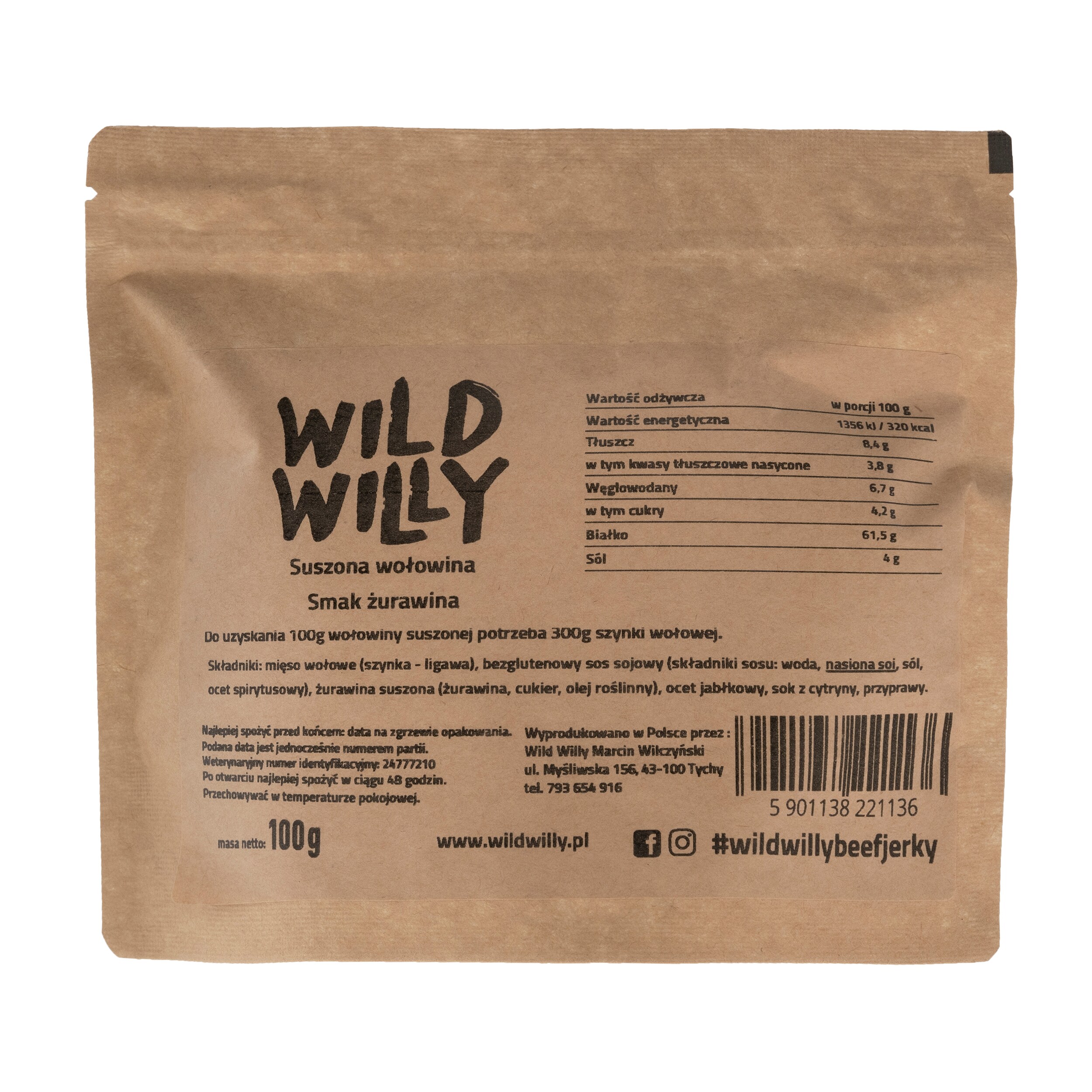 Carne de vită uscată Wild Willy Beef Jerky Merișoare - 100 g