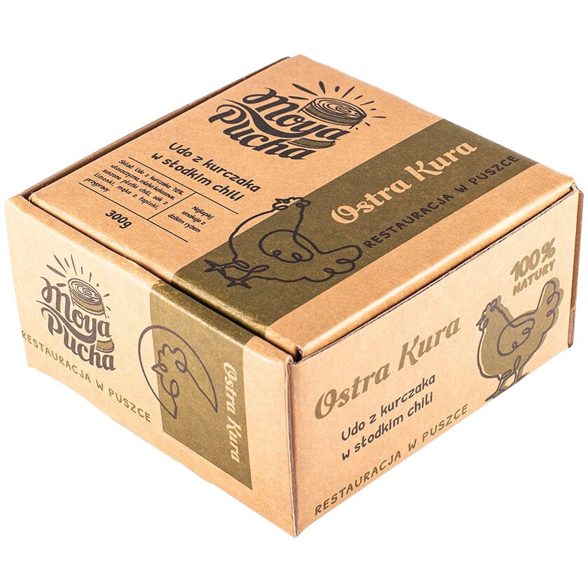 Conservă alimentară Moya Pucha „Ostra Kura” - Pulpă de pui în chilli dulce 300 g