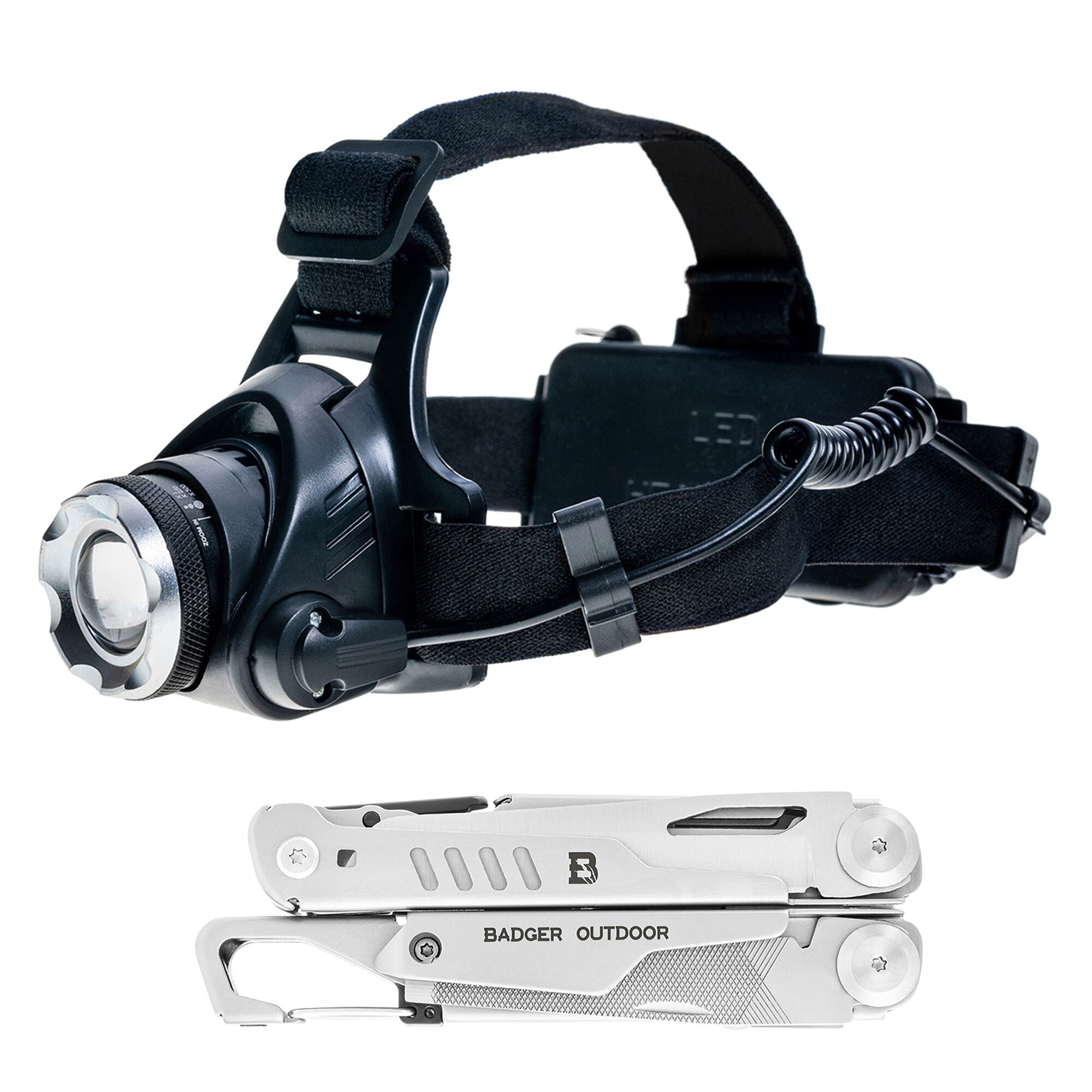 Multitool Badger Outdoor Fang + lanternă frontală XRG 200 - 1000 lumeni - set