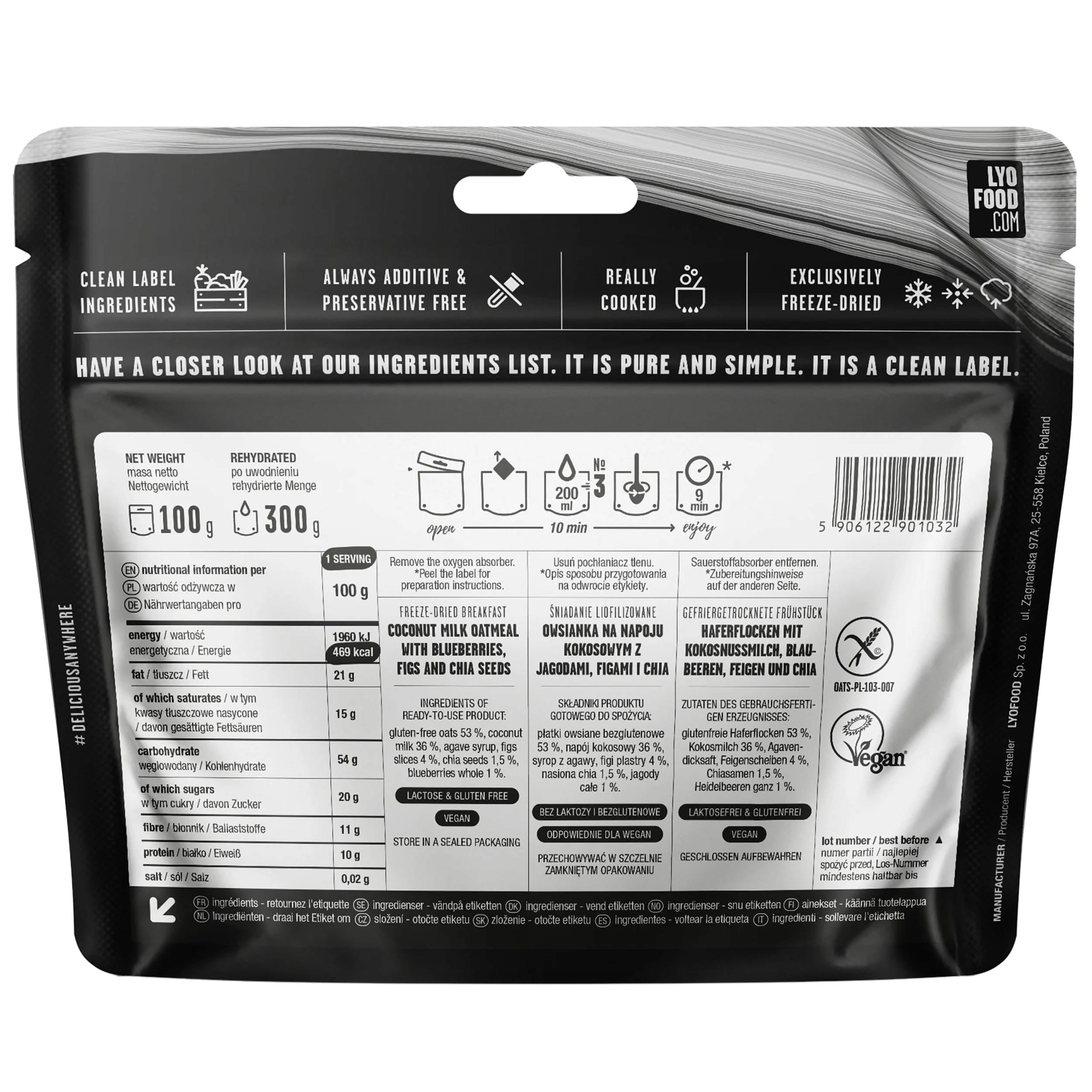 Alimente liofilizate LYOFOOD Fulgi de ovăz cu nucă de cocos, fructe de pădure, smochine și semințe de chia 300 g