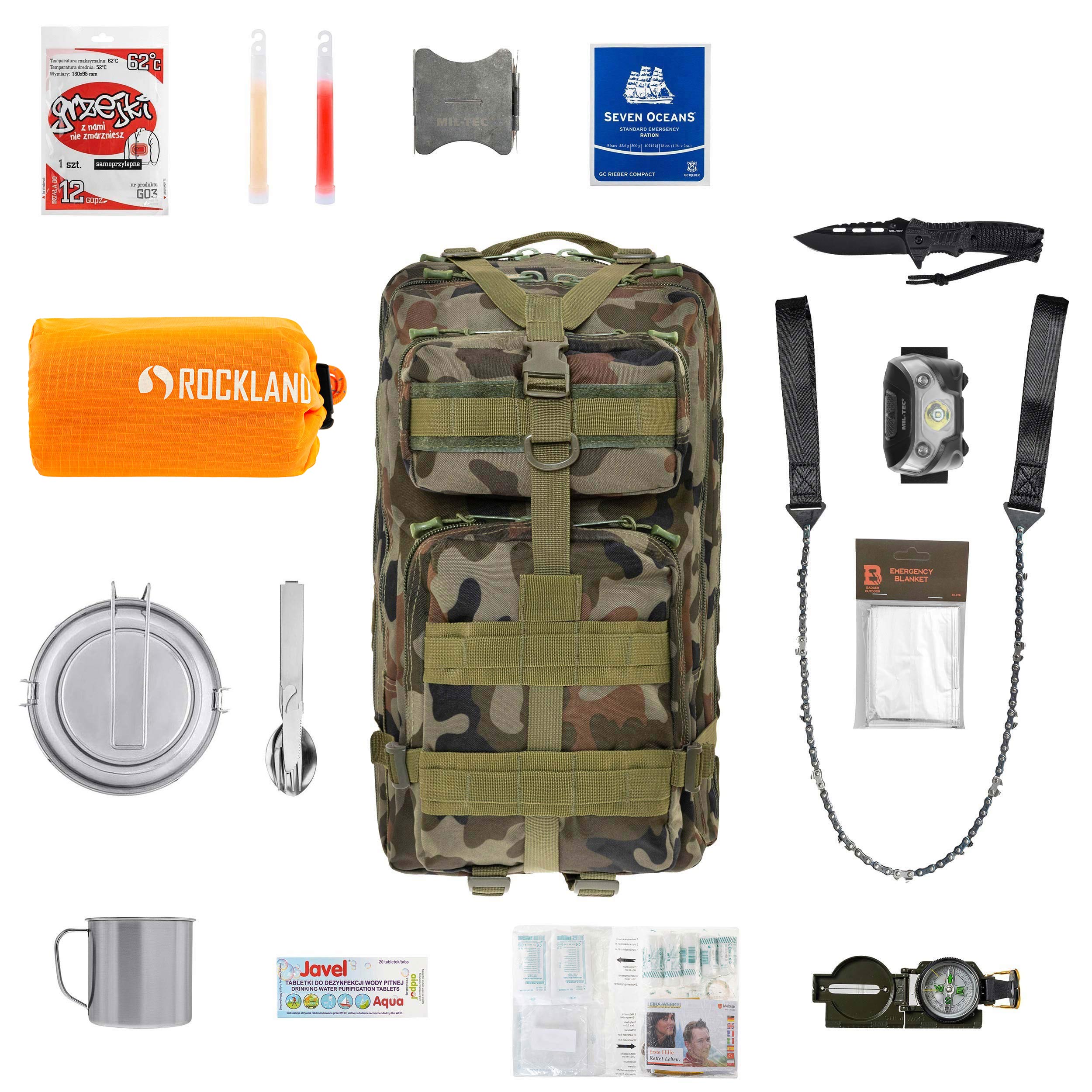 Rucsac de evacuare Badger Outdoor Recon 40 l wz.93 Pantera PL Woodland Medium - cu echipament