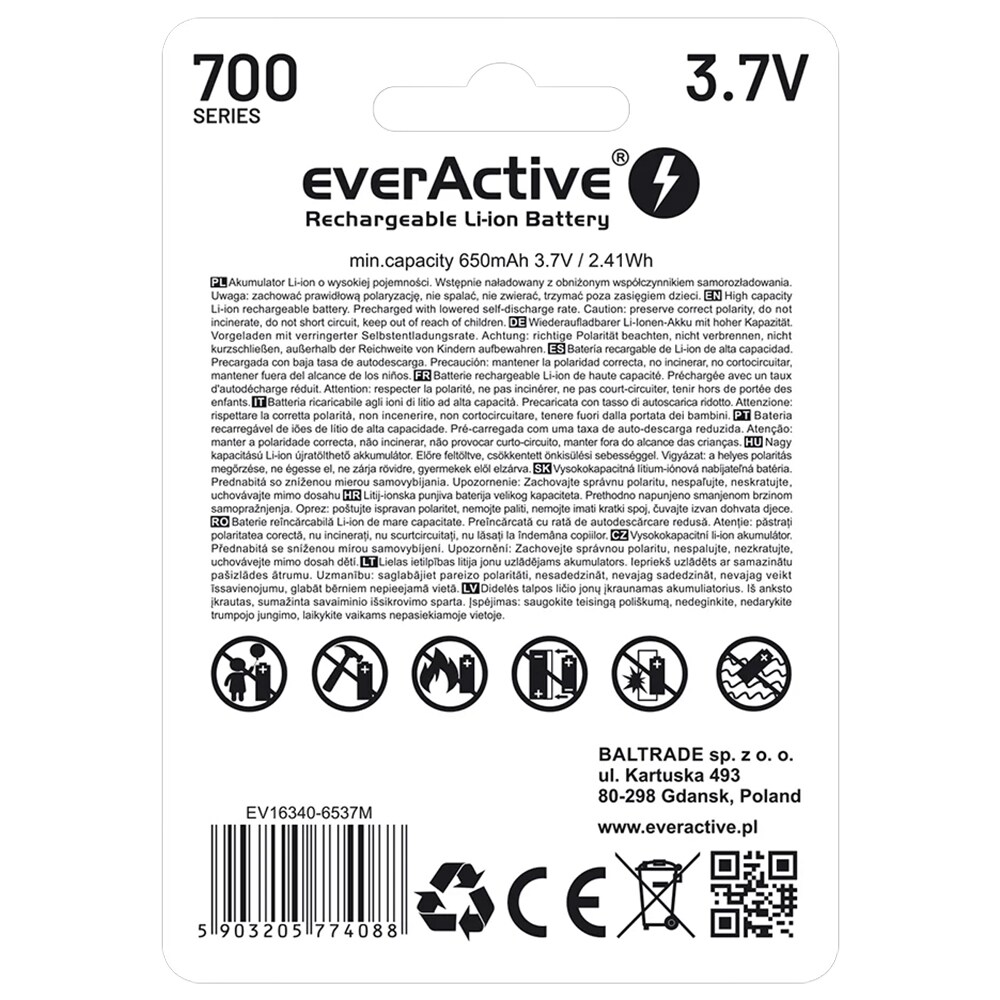 Acumulator 3,7 V everActive 16340 cu siguranță - 700 mAh