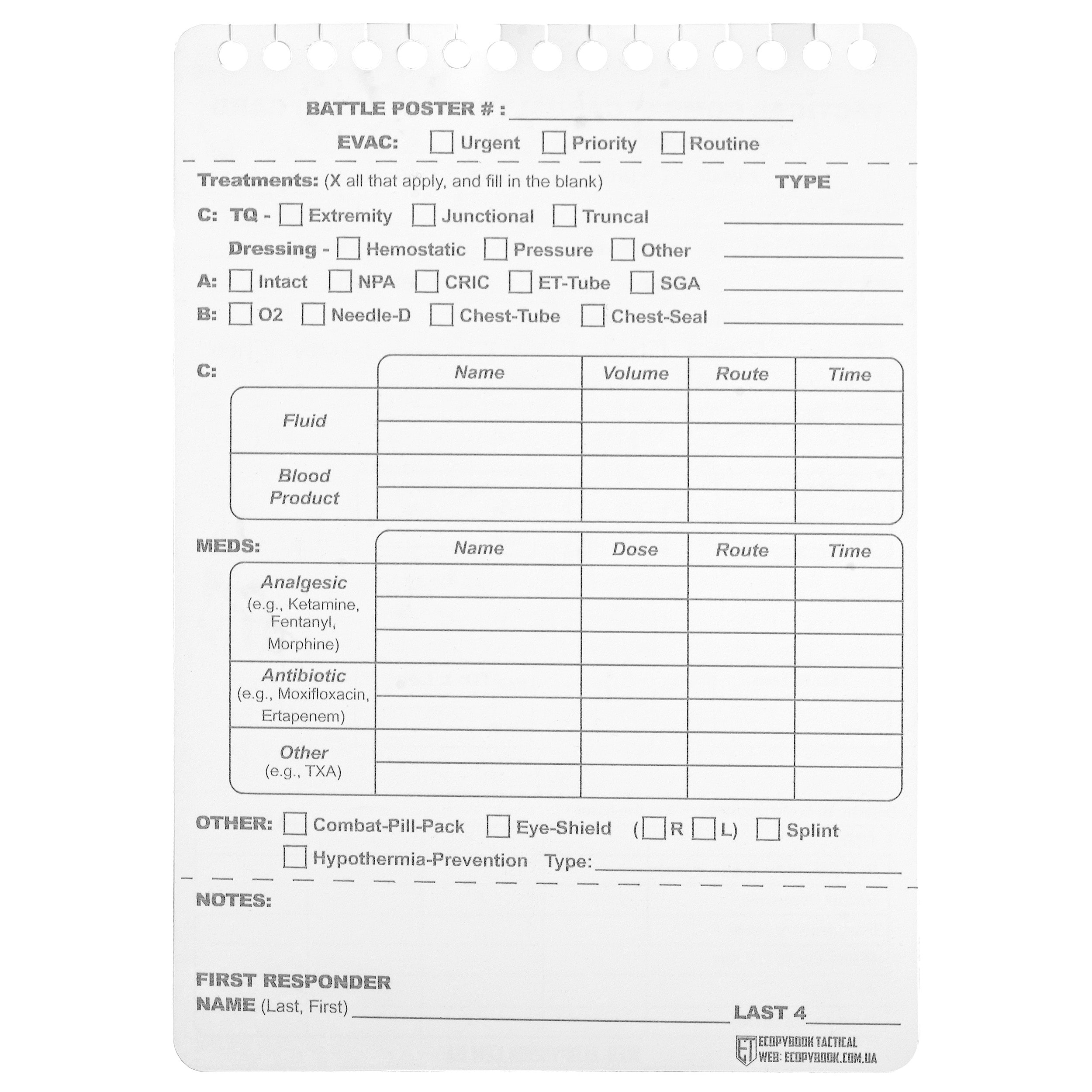 Fișă Tactical Combat Casualty Care (TCCC) M-Tac în limba engleză - 10 buc.
