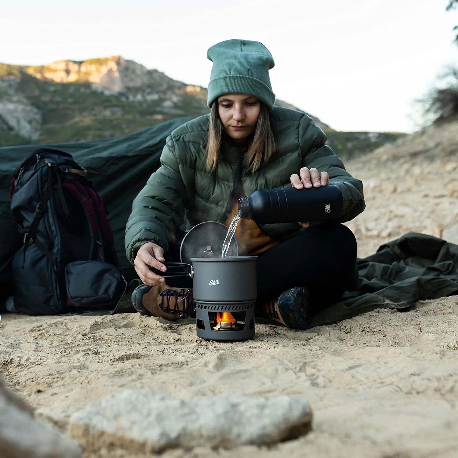 Aragaz de camping Esbit Alcohol Burner Cookset Aluminium cu oală 1,5 l