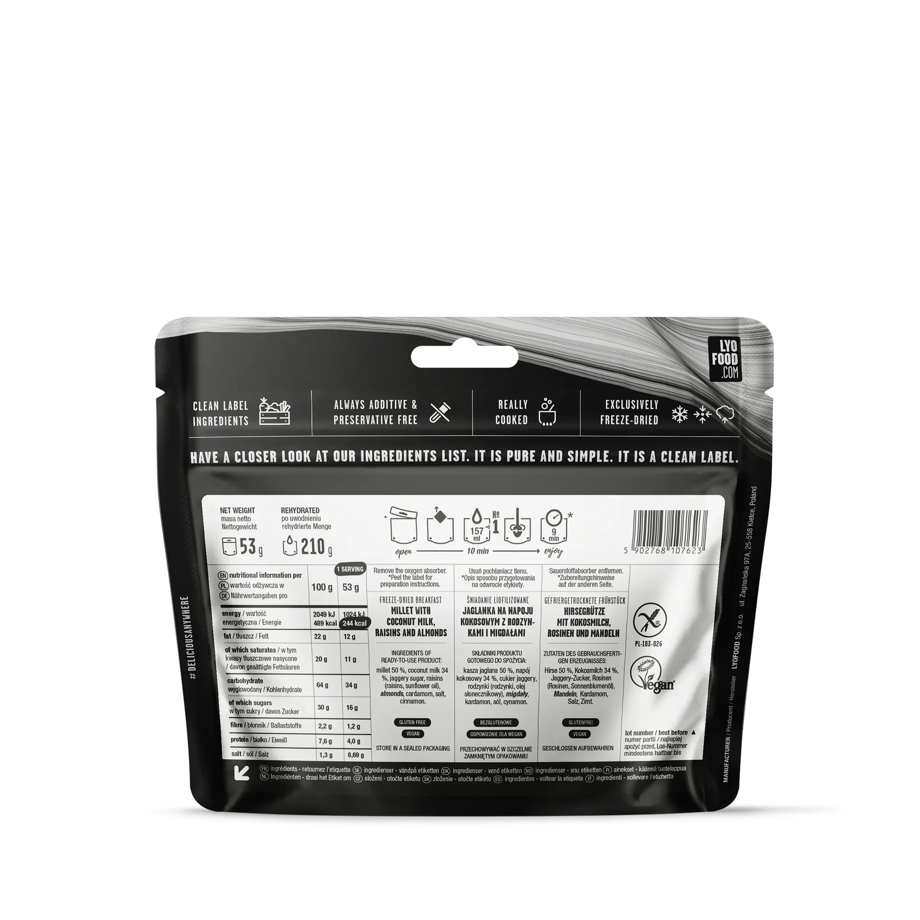 Alimente liofilizate LYOFOOD Băutură din nucă de cocos, miei, stafide și migdale 53 g/244 kcal