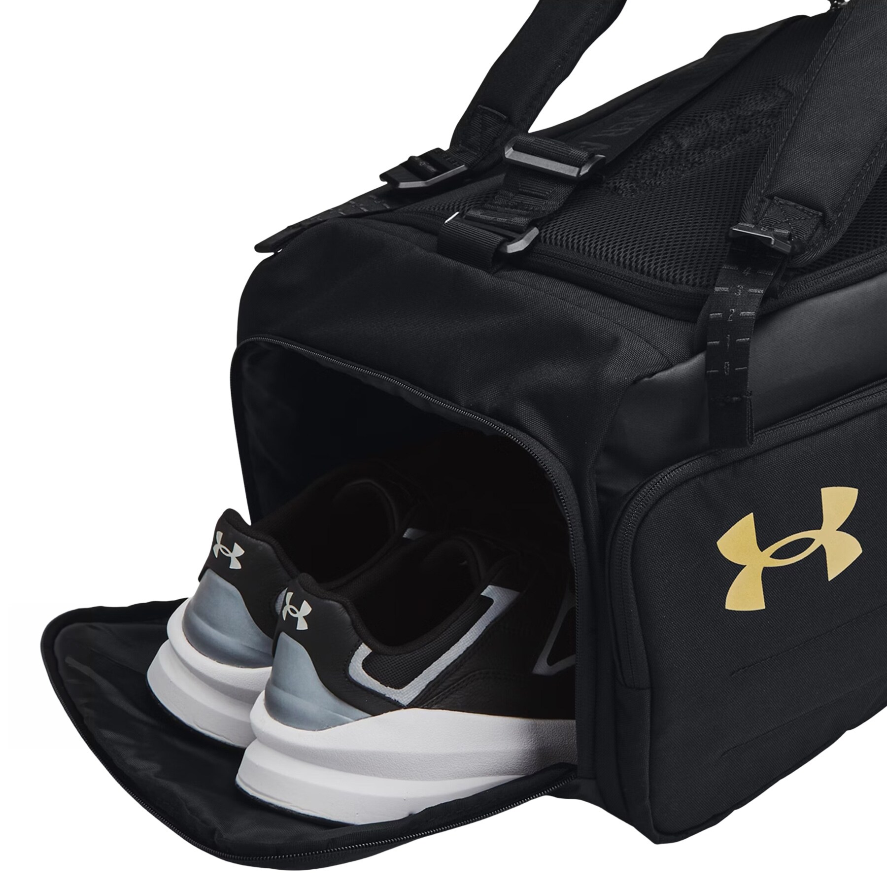Geantă Under Armour Duo BP Duffle M 50 l - Black / Metallic Gold