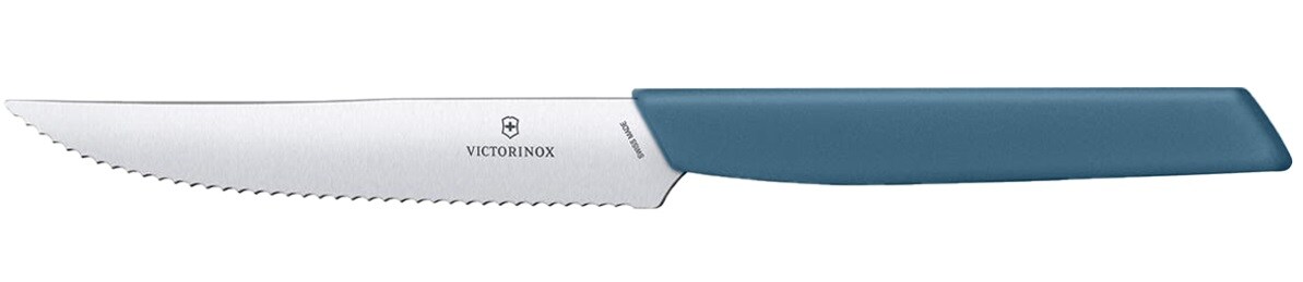Cuțit de bucătărie Victorinox Swiss Modern Cornflower Blue 12 cm - zimțat cu vârf ascuțit
