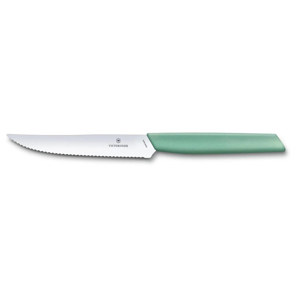 Cuțit de bucătărie Victorinox Swiss Modern Mint Green 12 cm - zimțat cu vârf ascuțit