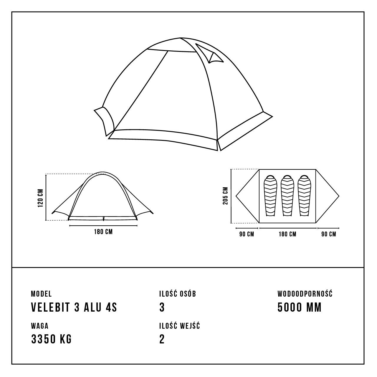 Cort pentru 3 persoane Alpinus Velebit 3 ALU 4S - Green