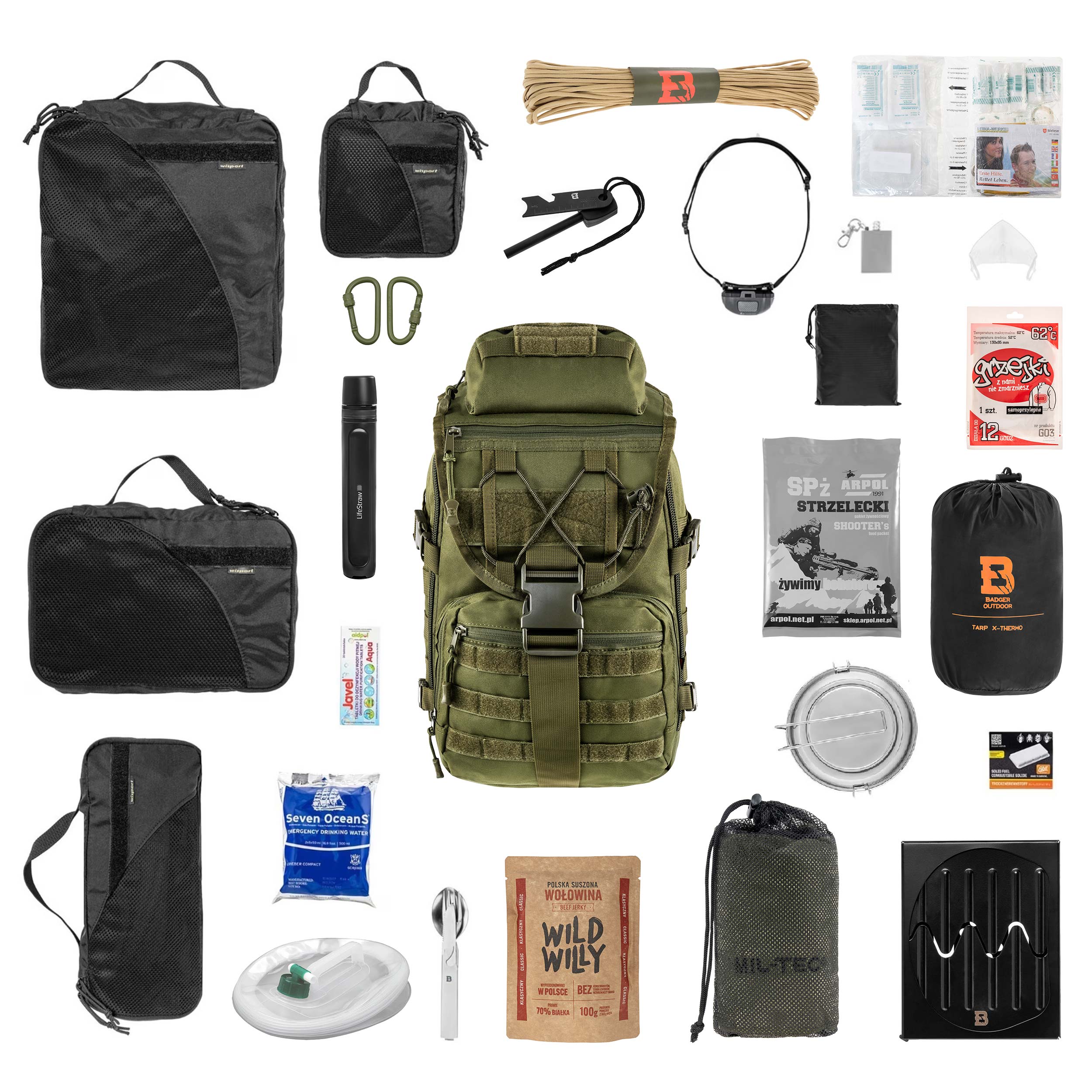 Rucsac de evacuare Badger Outdoor Sarge 30 l Olive V2 - cu echipament