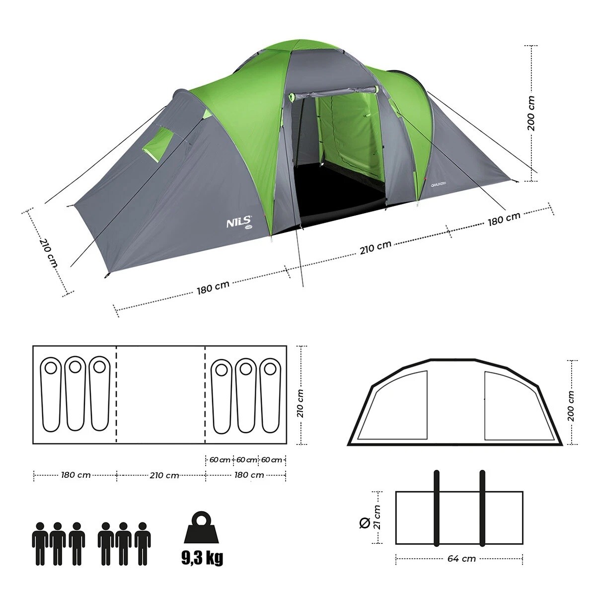 Cort pentru 6 persoane Nils Camp Highland NC6031 - Verde/Gri