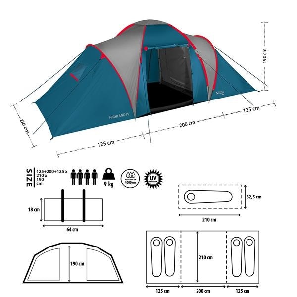 Cort pentru 6 persoane Nils Camp Highland NC6031 - Allbastru/Gri