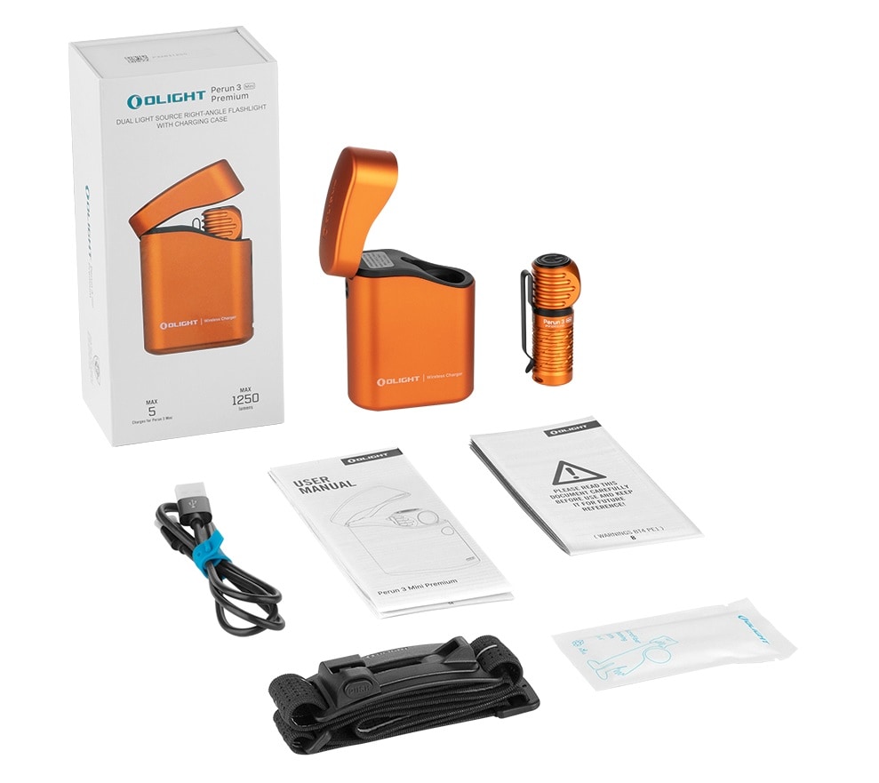 Lanternă frontală și unghiulară Olight Perun 3 Mini Premium Cool White Orange cu bandă pentru cap - 1250 lumeni