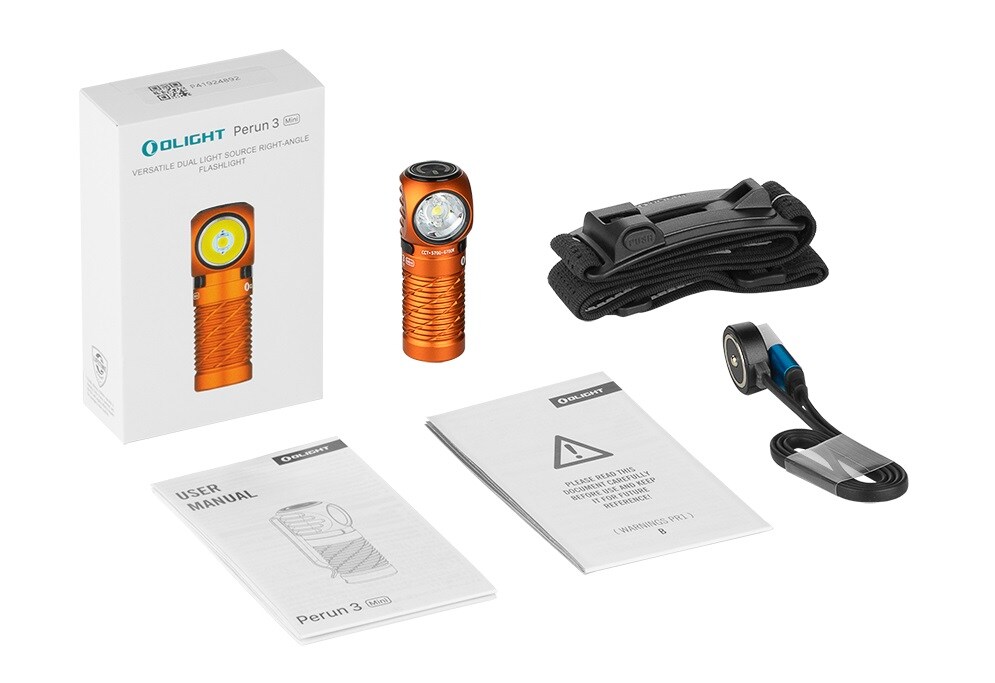 Lanternă frontală și unghiulară Olight Perun 3 Mini Cool White Orange cu bandă pentru cap - 1250 lumeni