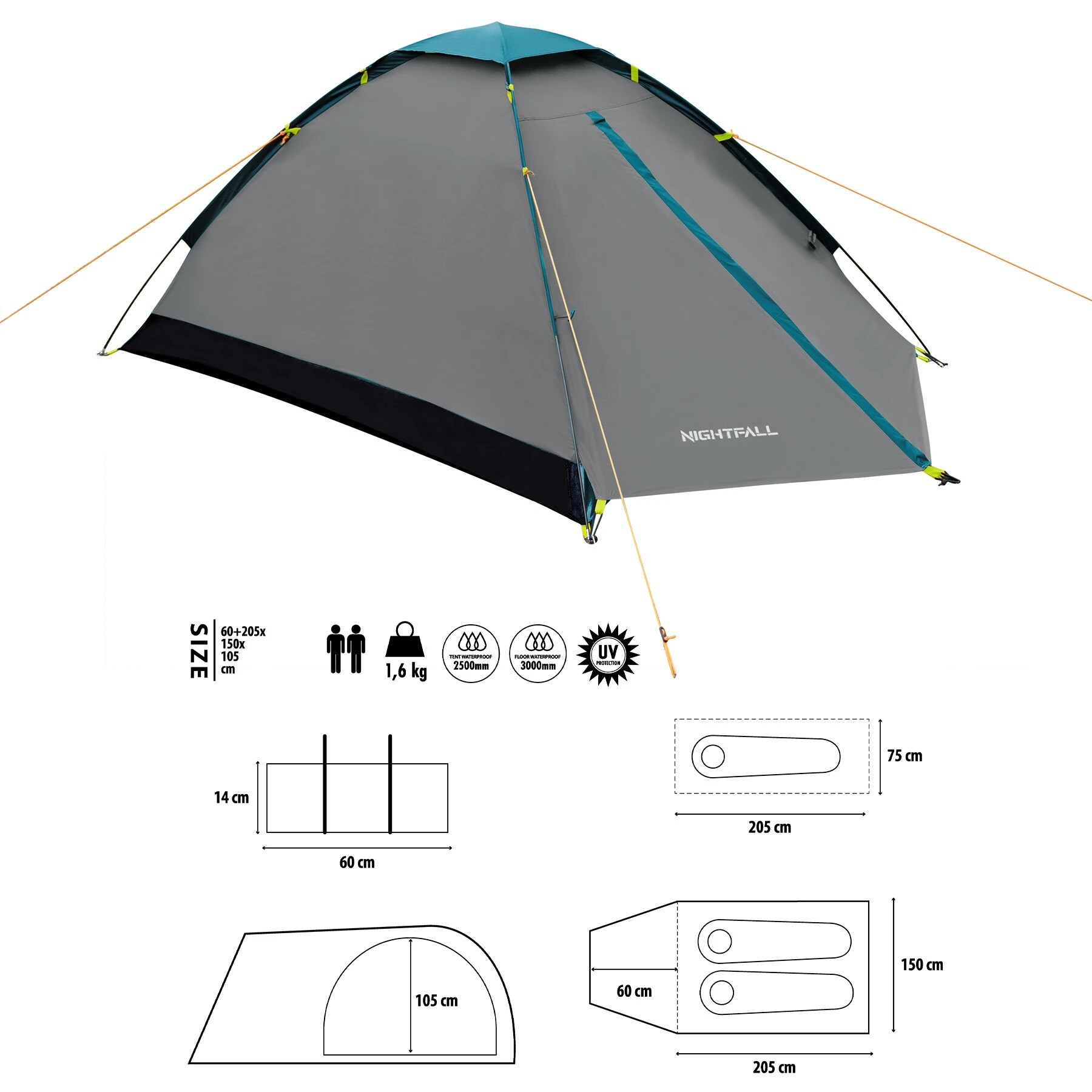 Cort pentru 2 persoane Nils Camp Nightfall NC6033 - Gri/Albastru