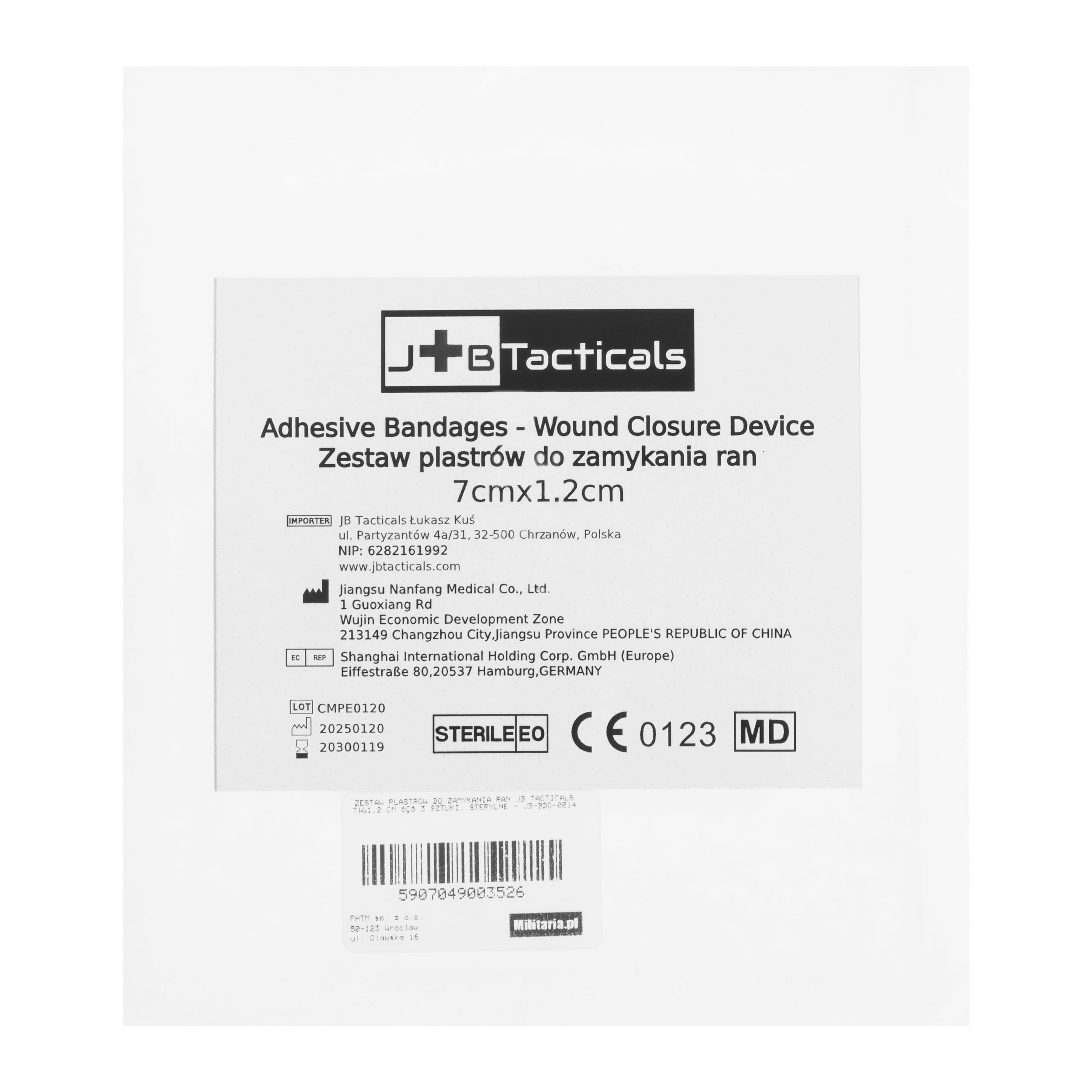 Pansament JB Tacticals pentru închiderea rănilor, steril 7 x 1,2 cm - 3 buc.