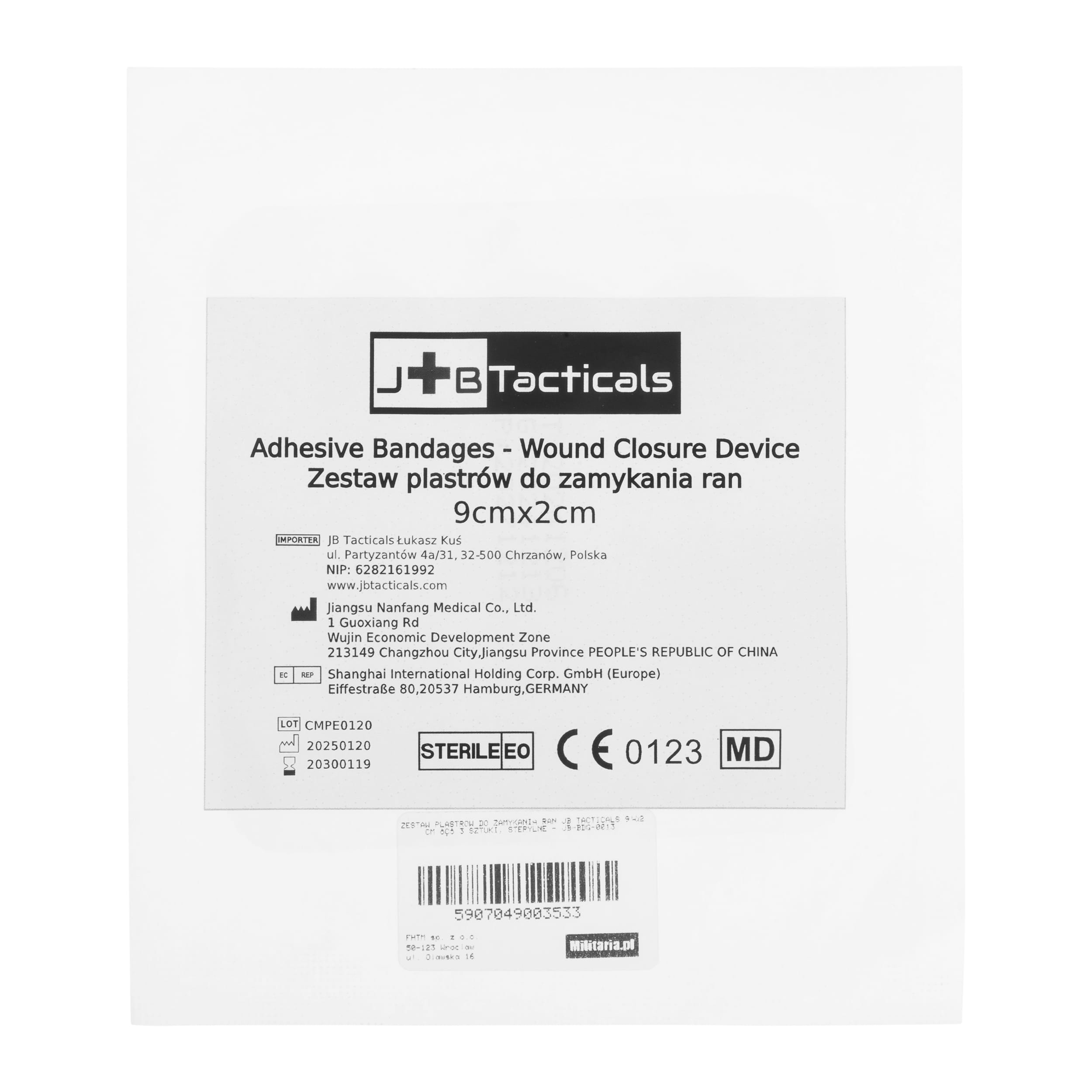 Pansament JB Tacticals pentru închiderea rănilor, steril 9 x 2 cm - 3 buc.