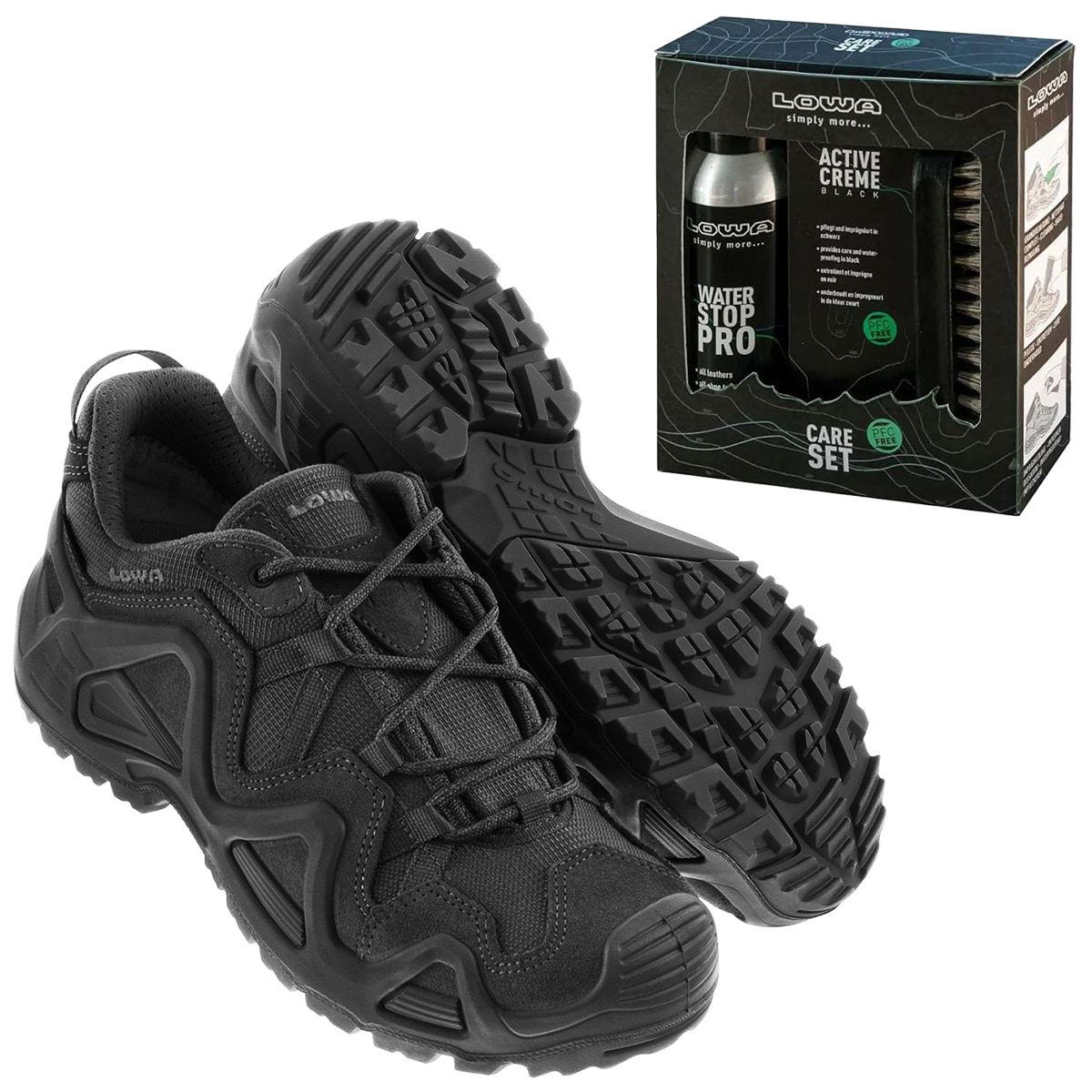 Încălțăminte Zephyr GTX Low TF Black + Set de îngrijire Lowa pentru curățarea încălțămintei - set