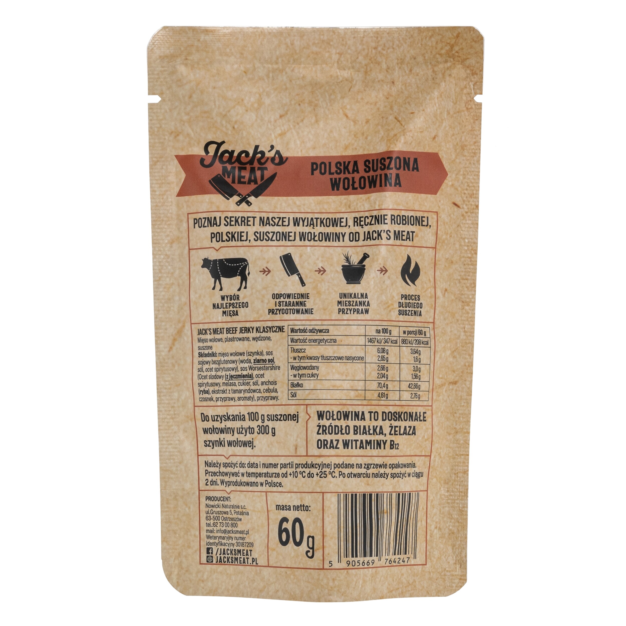 Carne uscată de vită Jack's Meat Beef Jerky cu aromă clasică 60 g - 3 buc.