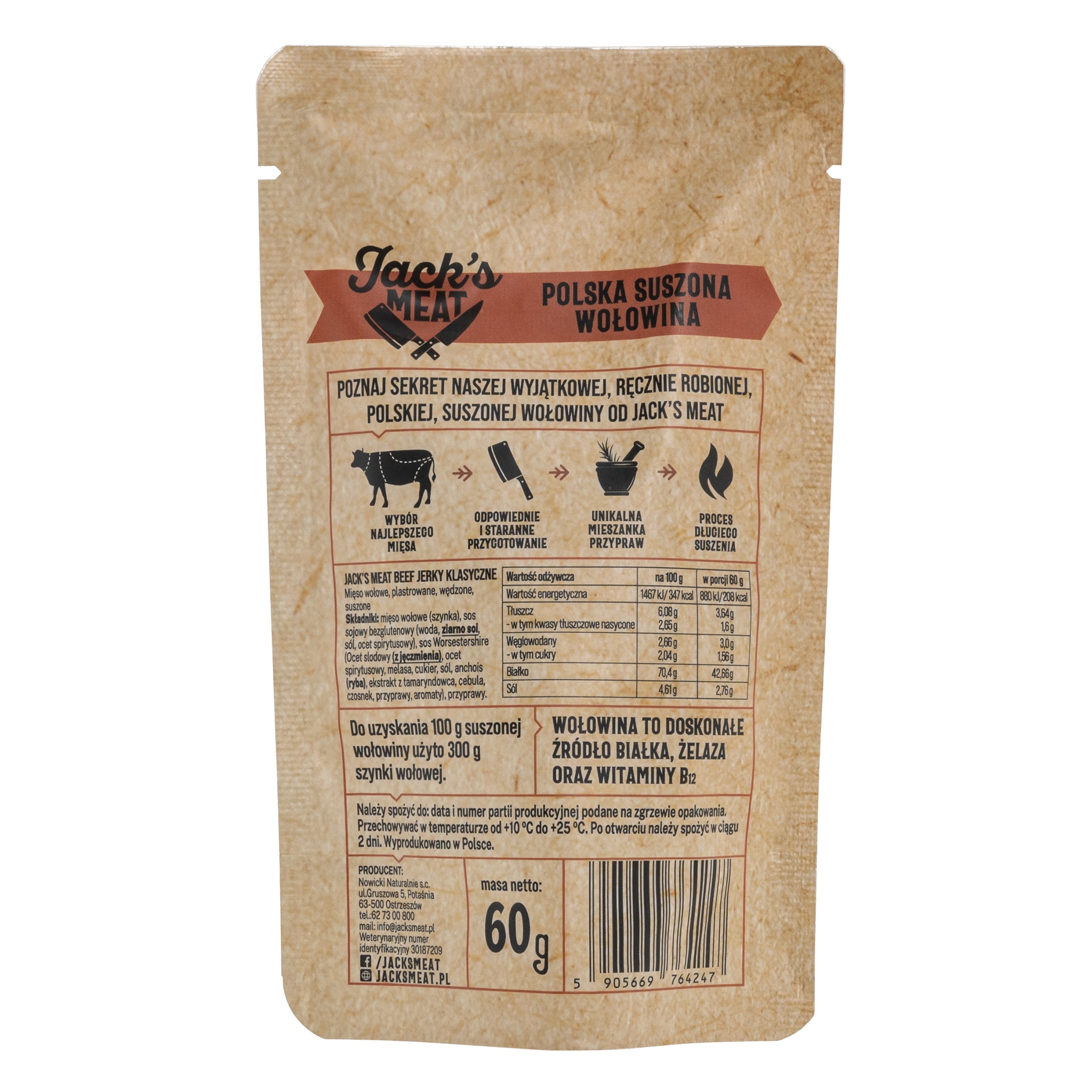 Carne uscată de vită Jack's Meat Beef Jerky cu aromă clasică 60 g - 3 buc.