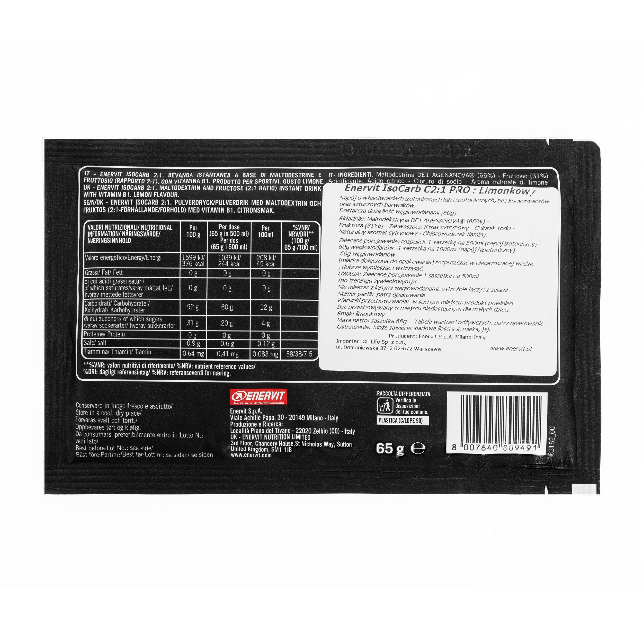 Băutură izotonică cu carbohidrați Enervit Isocarb C2:1 65 g aromă ușoară de lămâie - 2 buc.