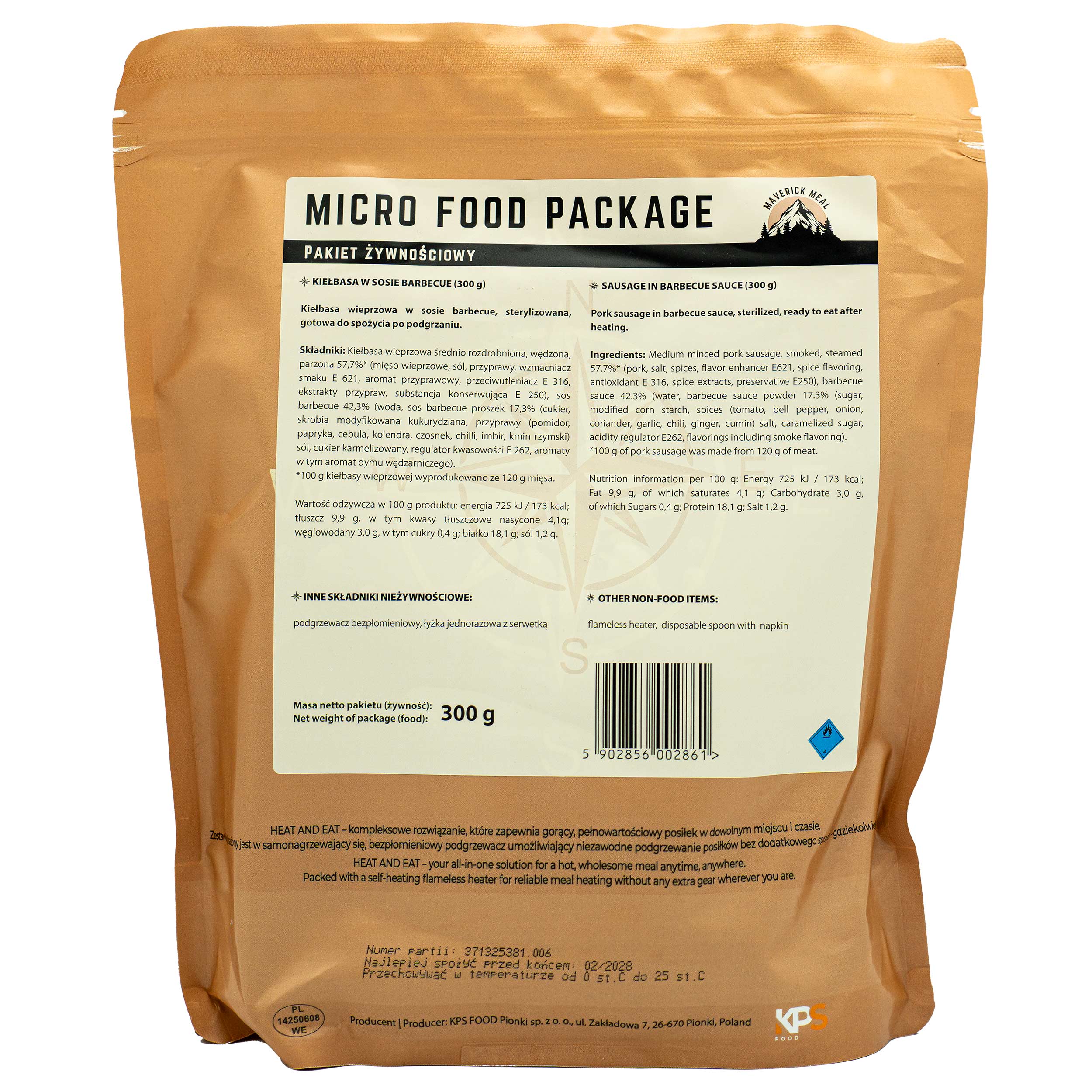 Mâncare gata preparată Maverick Food Micro cu încălzitor fără flacără Cârnați în sos barbecue – 300 g