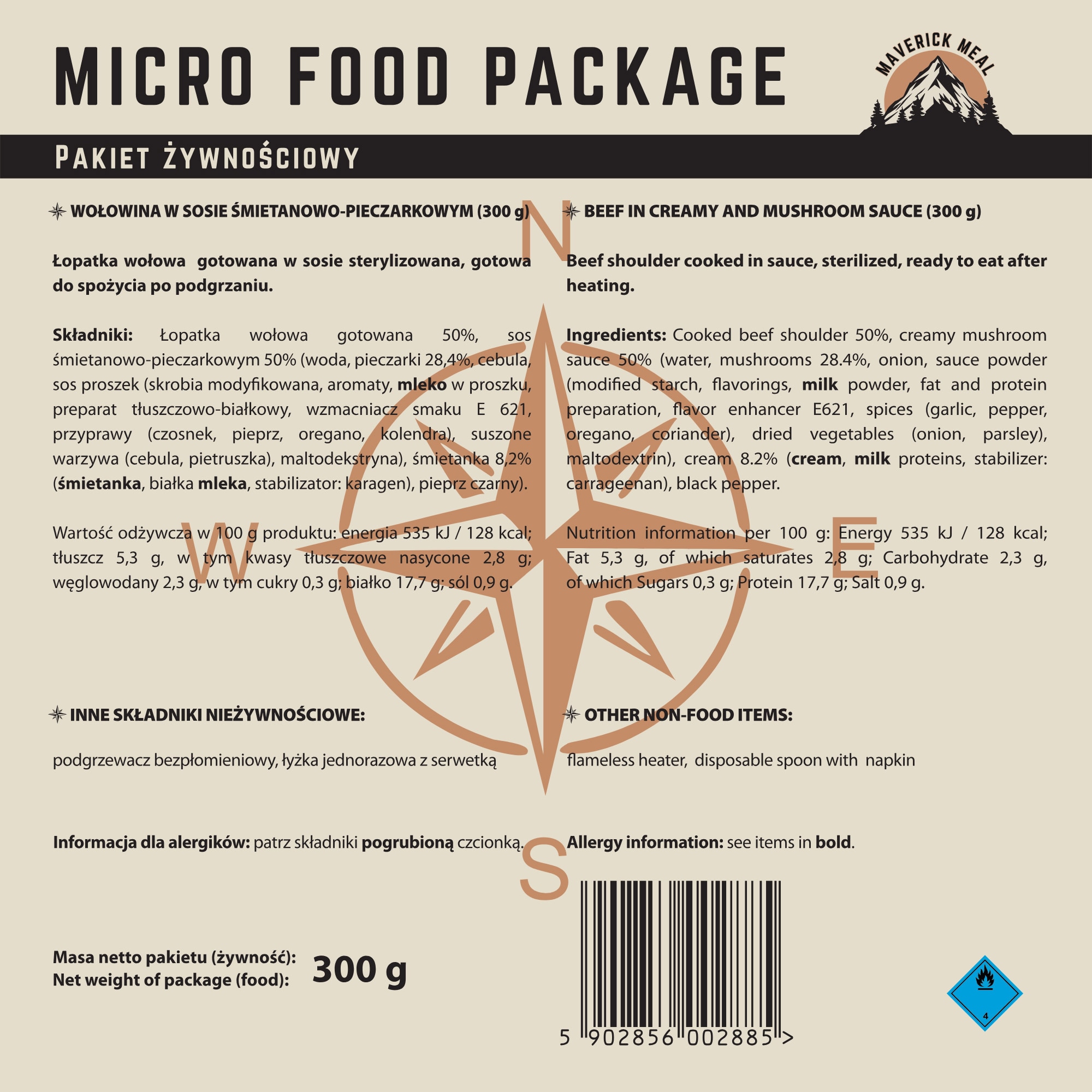 Mâncare gata preparată Maverick Food Micro cu încălzitor fără flacără - Vită în sos de smântână cu ciuperci, 300 g