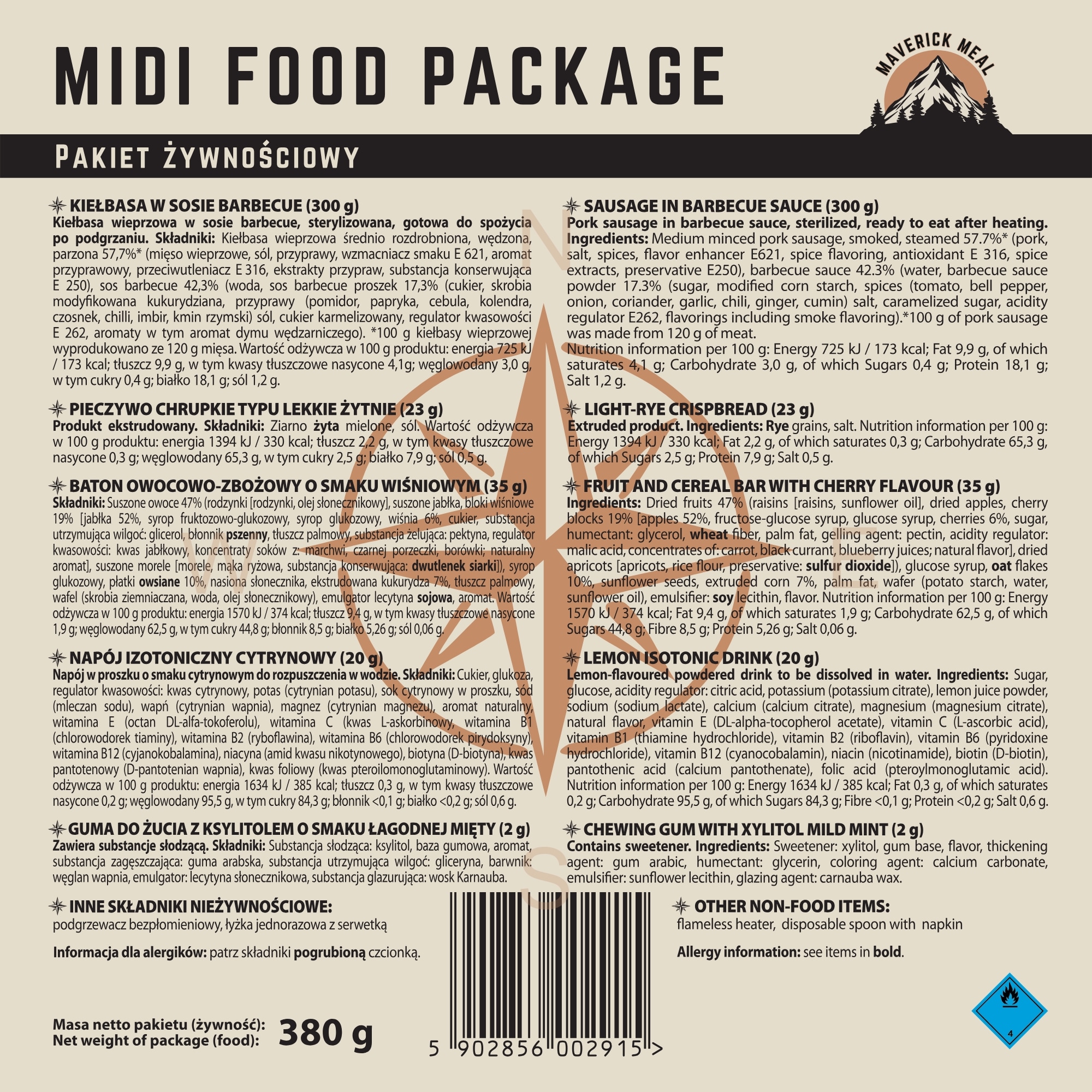 Rație alimentară Maverick Food Midi Cârnați în sos barbecue - 380 g