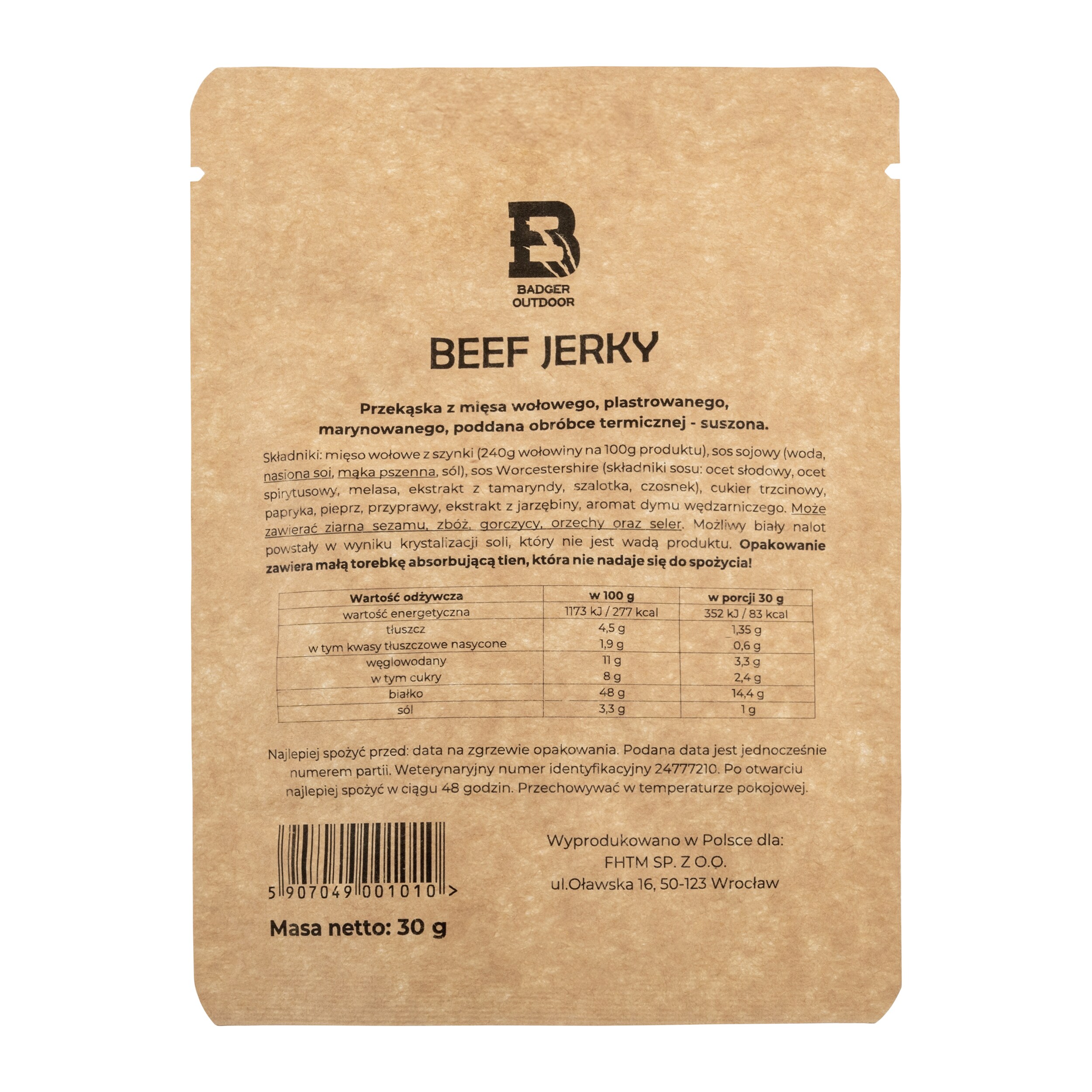 Carne de vită uscată Badger Outdoor Beef Jerky Hot - 30 g - 3 buc.