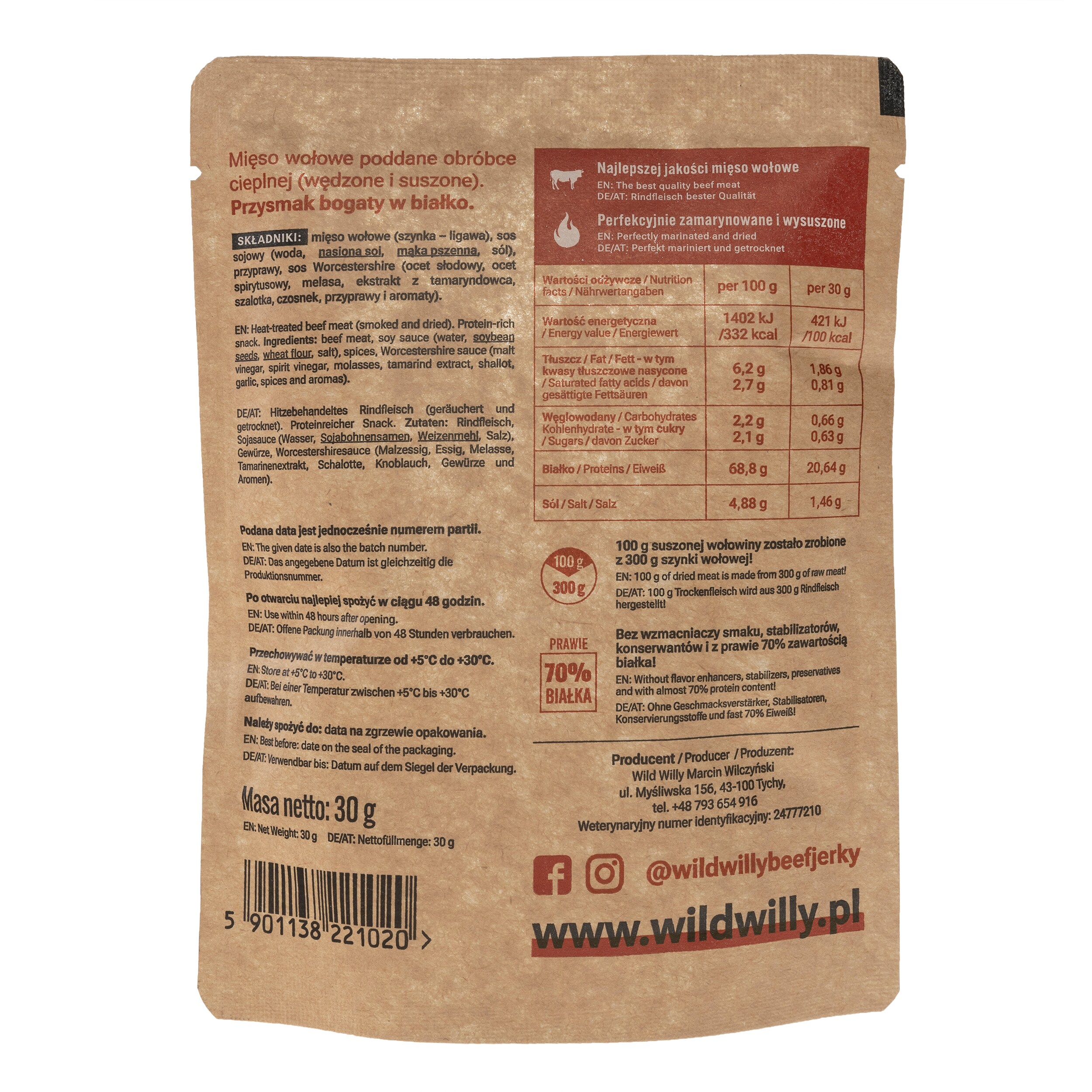 Carne de vită uscată Wild Willy Beef Jerky Classic 30 g - 3 buc.
