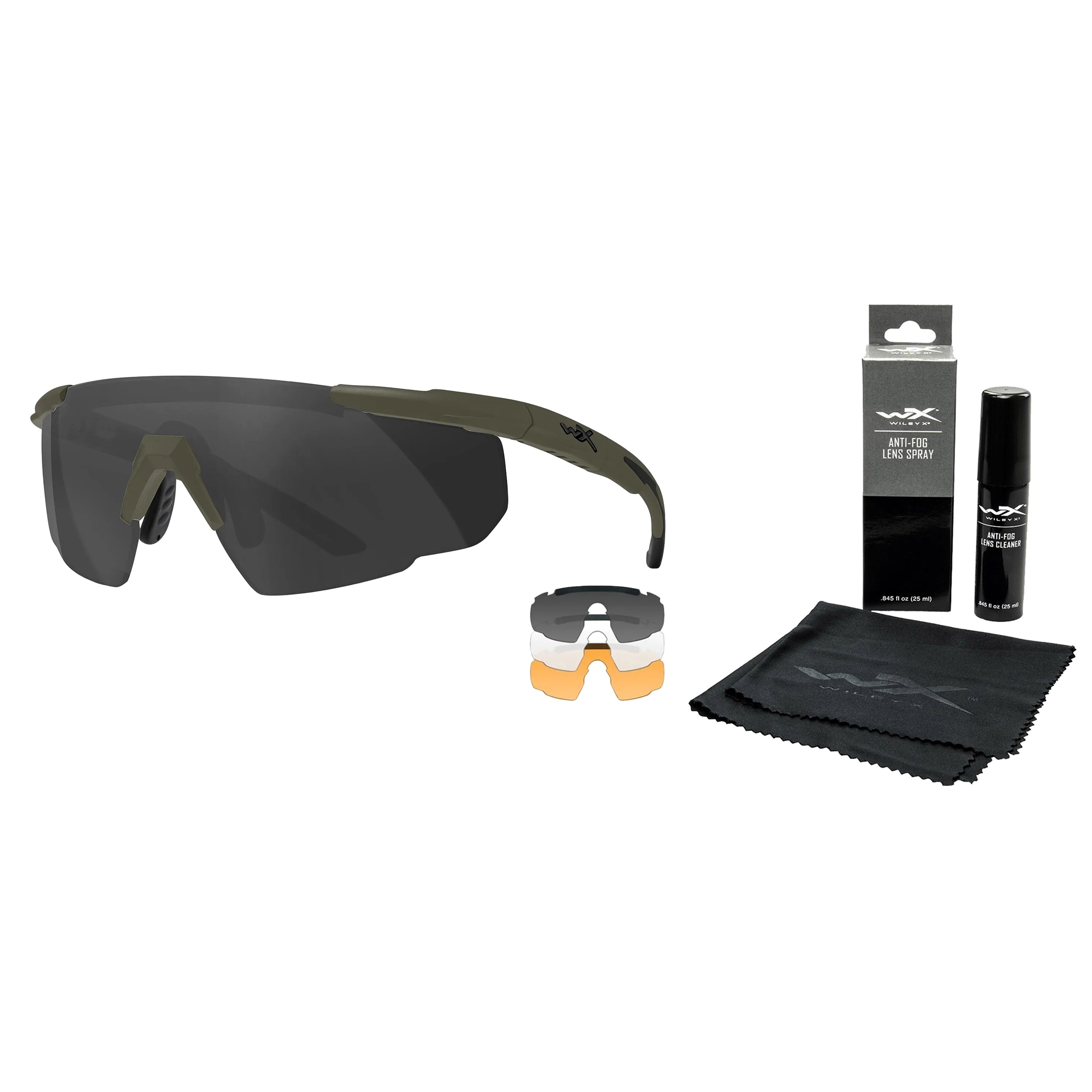 Ochelari tactici Wiley X Saber Advanced Set 3in1 - Grey/Clear/Light Rust/OD Green + Anti-Fog Cleaner Kit - set