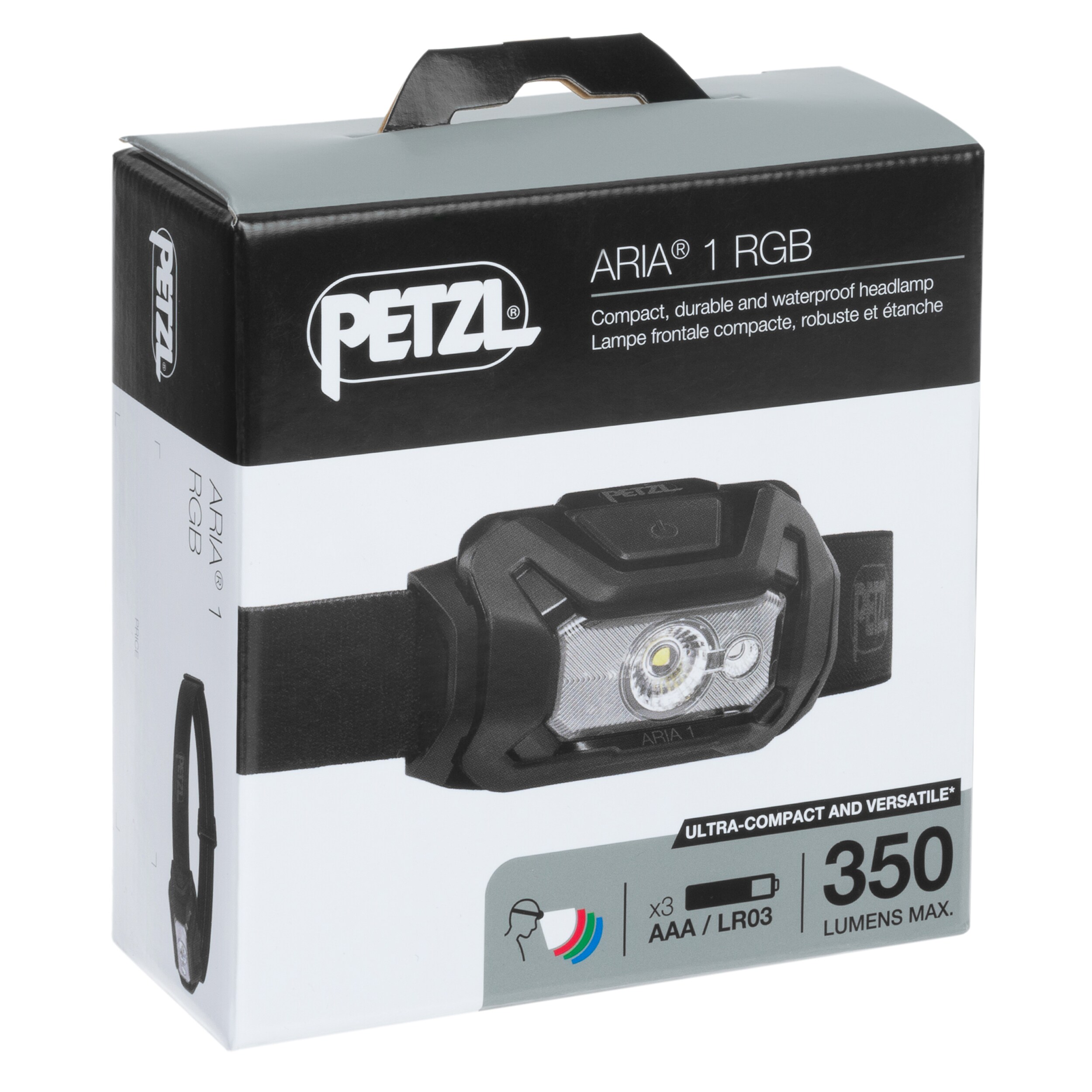 Lanternă frontală Petzl Aria 1 RGB Black - 350 lumeni