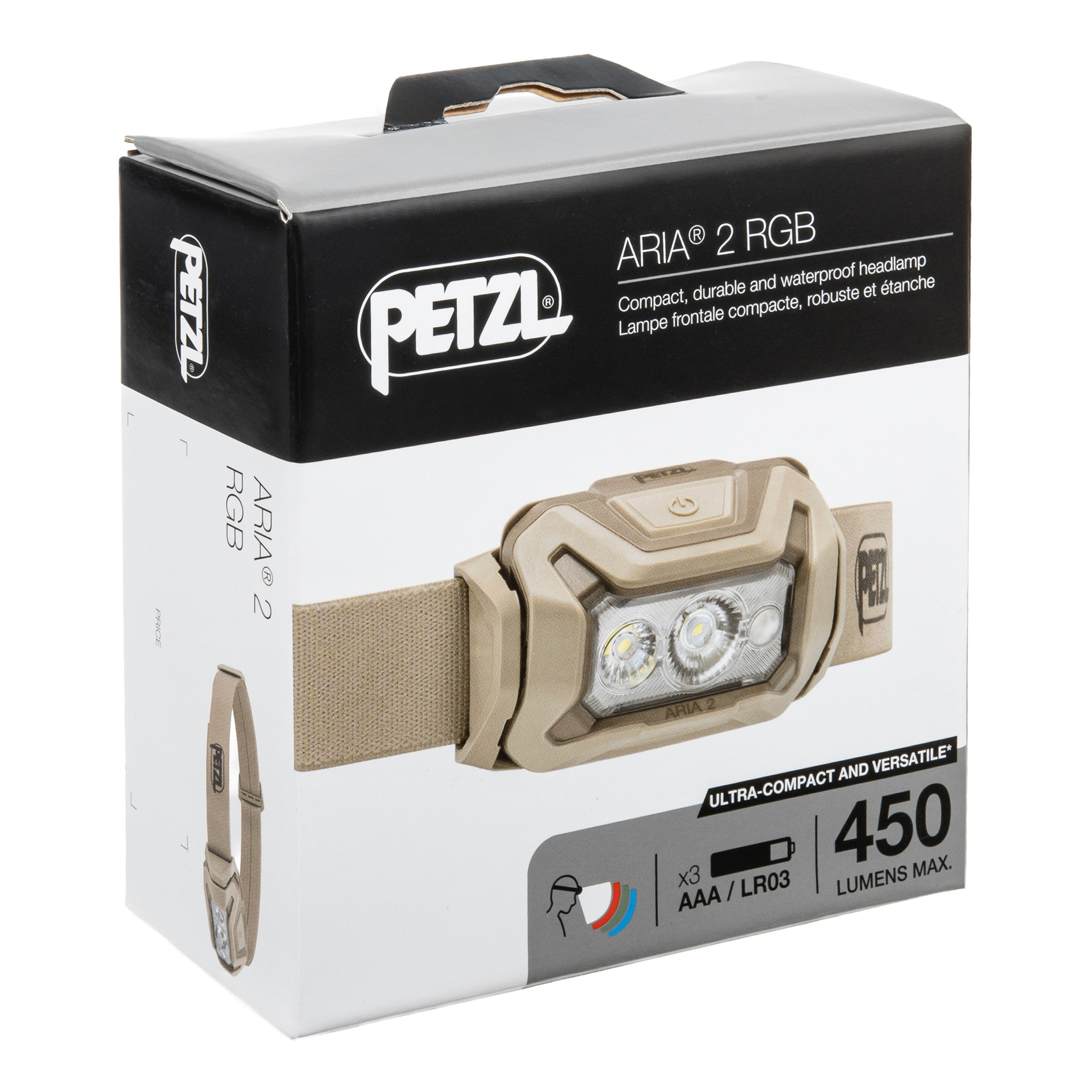 Lanternă frontală Petzl Aria 2 RGB New Tan - 450 lumeni