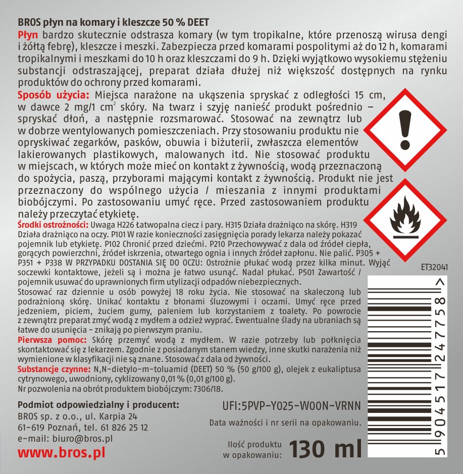 Lichid repelent pentru țânțari și căpușe Bros DEET 50% - 130 ml