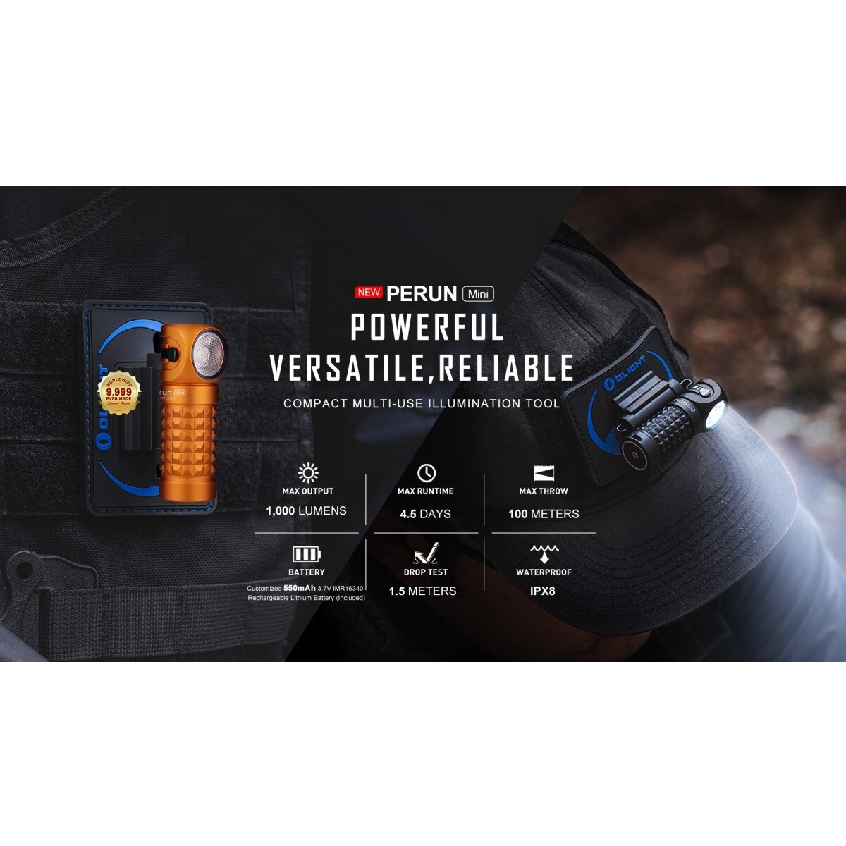 Lanternă unghiulară Olight Perun Mini cu bandă pentru cap- 1000 lumeni