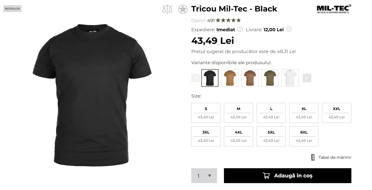 Tabel de mărimi pe pagina produsului