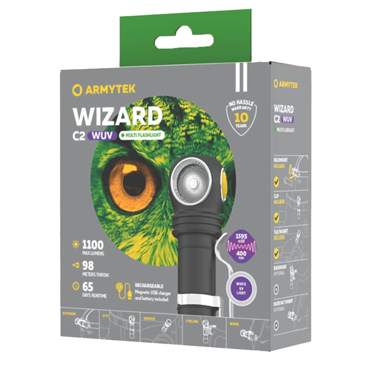 Налобний кутовий ліхтарик Armytek Wizard C2 Wizard WUV Magnet USB White - 1100 люменів