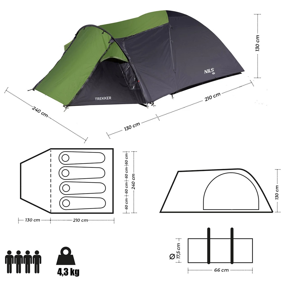 Намет для 4-х осіб Nils Camp Trekker NC6012 - Чорно-зелений