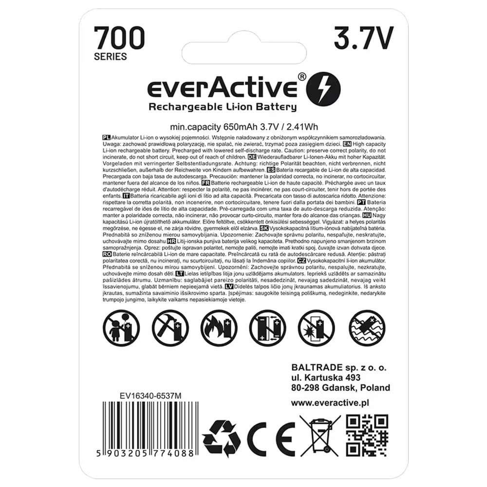 Акумулятор everActive 16340 3,7 V із захистом 700 mAh - 2 шт.
